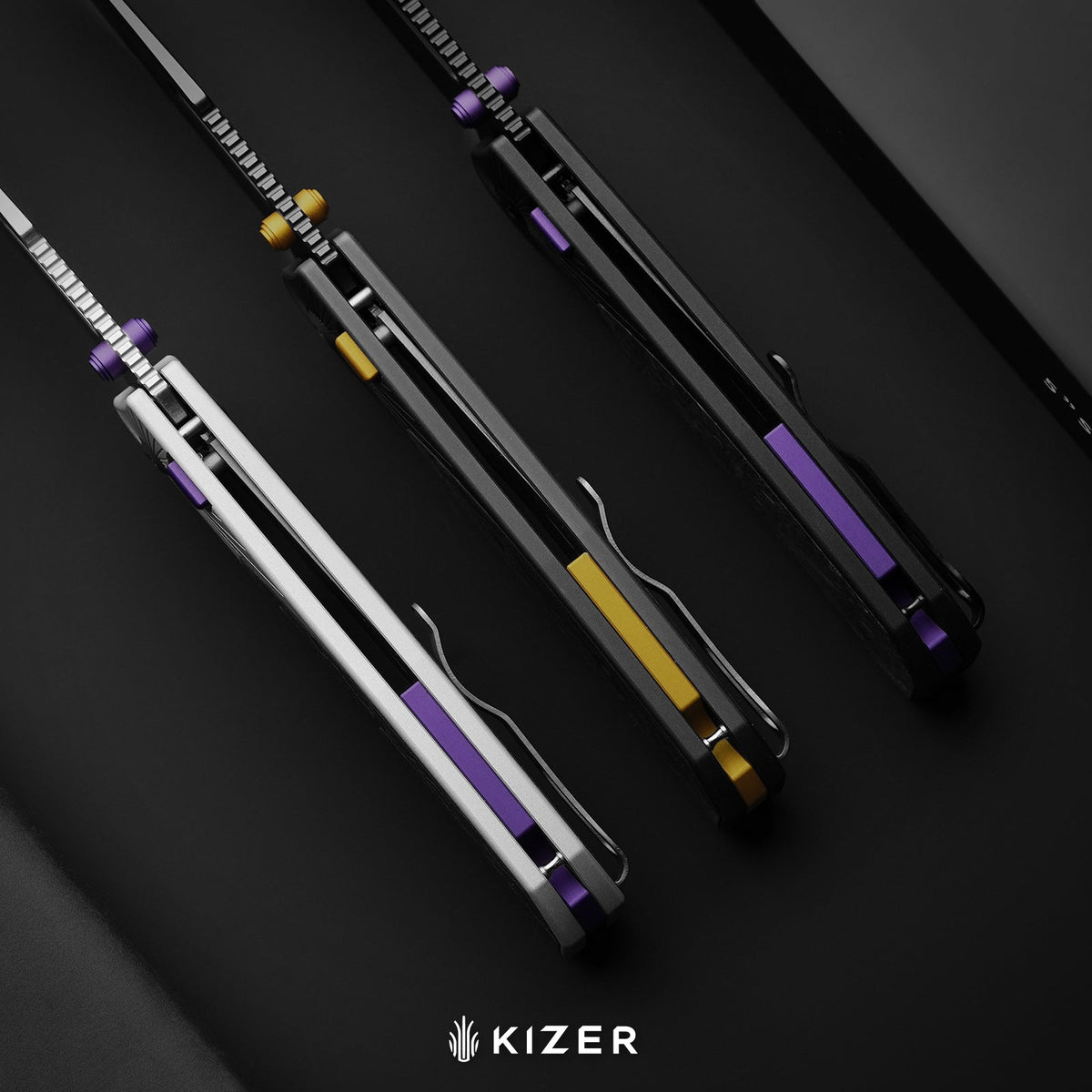 Durandal | Kizer Button Liner Lock™ | Aluminum & Fatcarbon® Camo Gold | S35VN + Gunmetal Gray PVD Coating | KizerB™ 3765BD2