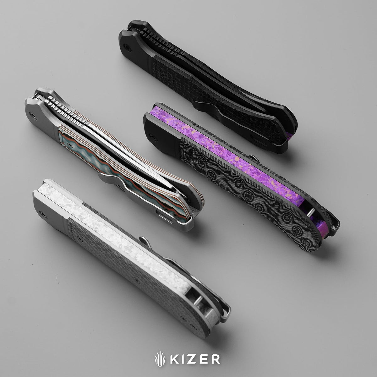 Trestle TP AirTi | BD1N Dual-Blade Clip Point & Spey Point | KStop™ 105° Half-Stop Trapper | Aluminum & vortex pattern micarta | KizerB™ 3761TPA2