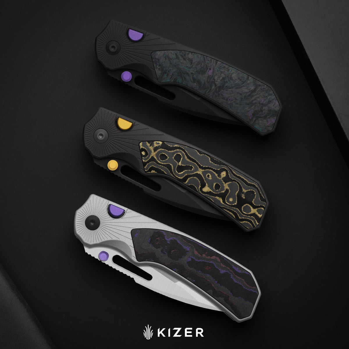 Durandal | Kizer Button Liner Lock™ | Aluminum & Fatcarbon® Black Dark Matter | S35VN + Black PVD Coating | KizerB™ 3765BD1