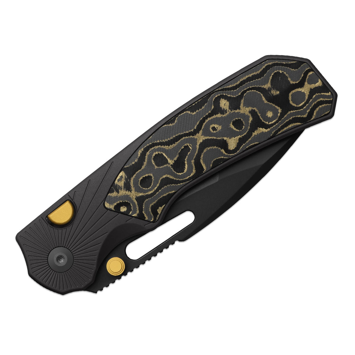 Durandal | Kizer Button Liner Lock™ | Aluminum & Fatcarbon® Camo Gold | S35VN + Gunmetal Gray PVD Coating | KizerB™ 3765BD2