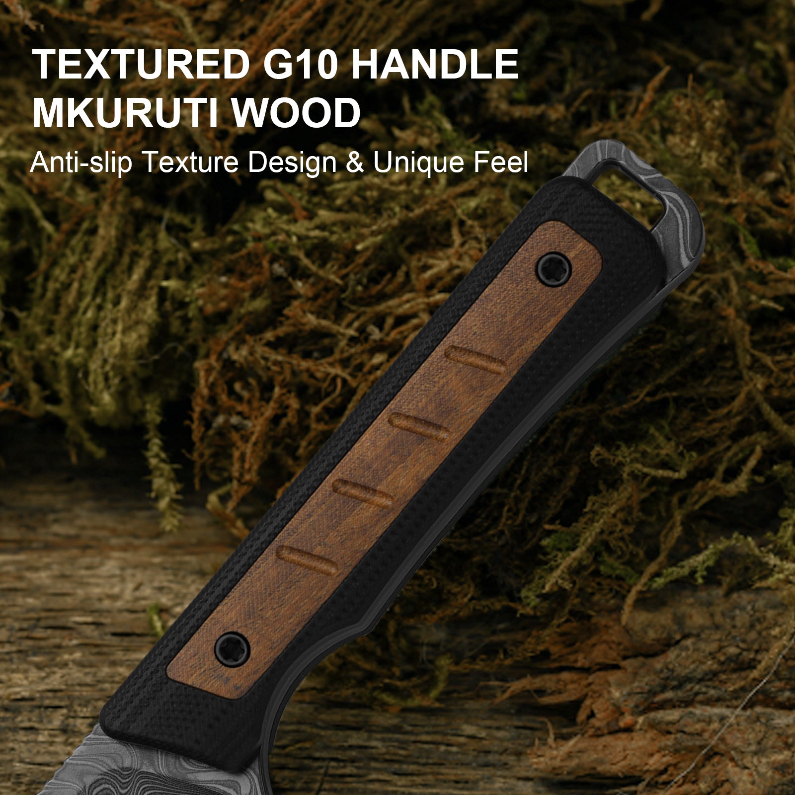 Whiskey Jack | Acid-washed Damascus | G10 & Mkuruti Wood | Skeletonized Tang | KizerV™ 1108A2