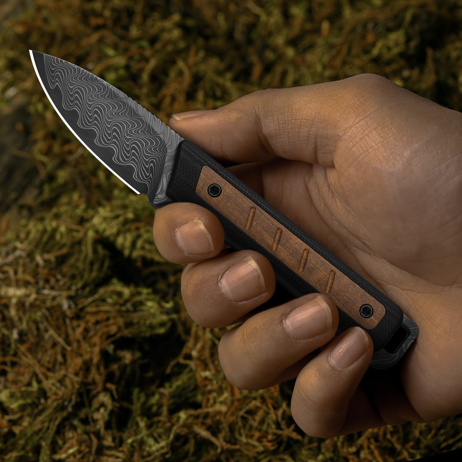 Whiskey Jack | Acid-washed Damascus | G10 & Mkuruti Wood | Skeletonized Tang | KizerV™ 1108A2