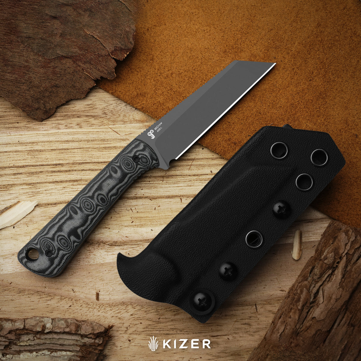 MiCrow | Wharncliffe | AEB-L | vortex pattern micarta | Gray PVD Coating & Stonewashed | KizerV™ 1139A3