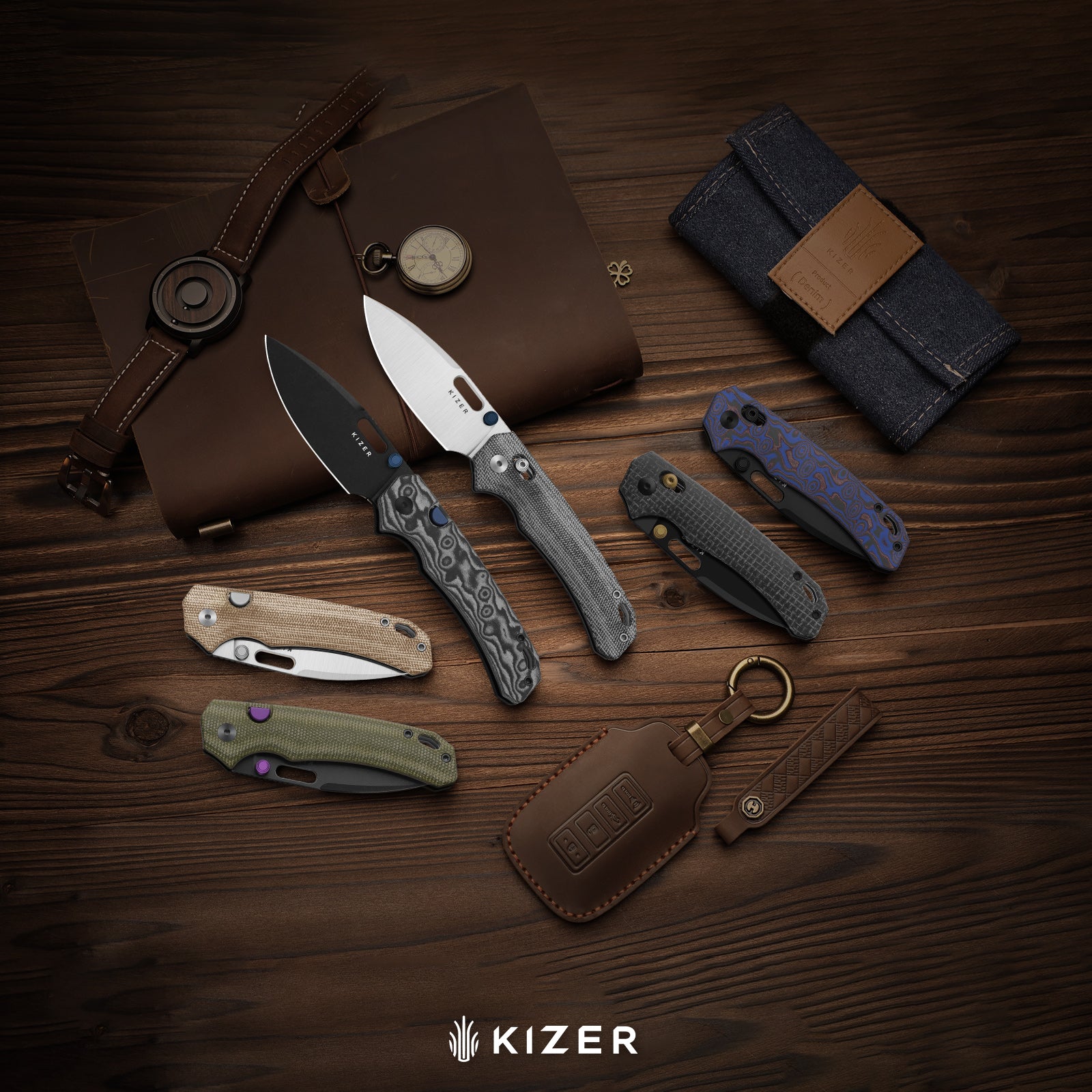 Outposter | Kizer Clutch Lock™ | Vortex Pattern Micarta | Nitro-V+PVD Coating | KizerV™ 3802CDA2