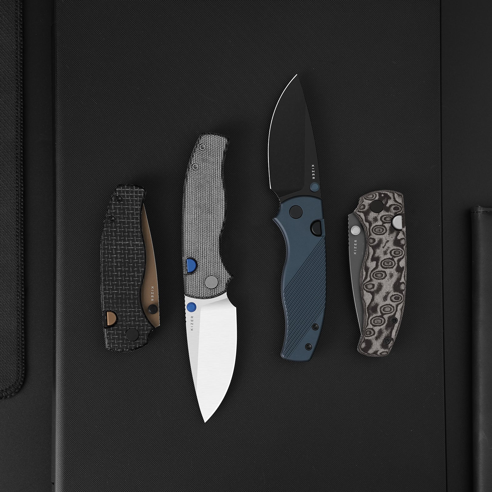 Glaux | Kizer Button Liner Lock™ | Vortex Pattern Micarta | Gray PVD Coating & Stonewashed | KizerV™ 3801A2
