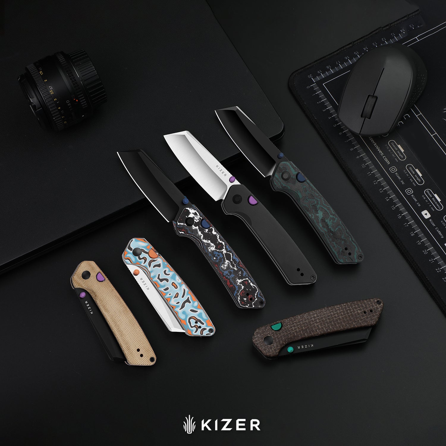 Madrac | Kizer Button Liner Lock™ | CamoCarbon Brittany Blue | S45VN + Hollow Grind + Polished DLC Ultra | KizerB™ 3693A3