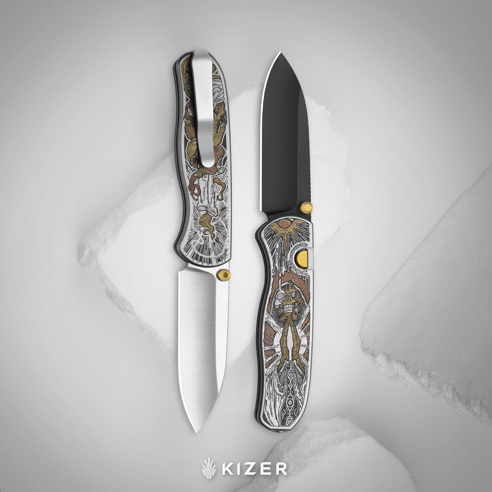 Drop Bear® Zero | Vanax | Hand-brushed | Hollow Grind | Titanium (Laser Engraved with Multi-tone Inlays) | Kizer Button Liner Lock™ | KizerX™ 3619BDLA1