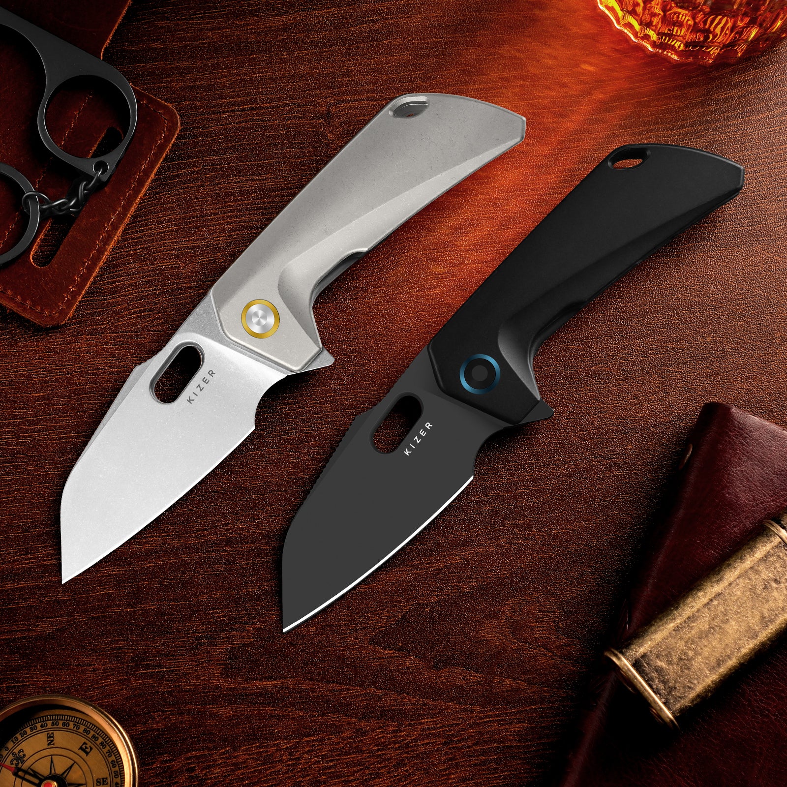 Takahe | Titanium Handle | Gold Pivot Collar | Stonewashed | KizerB™ 3701A1