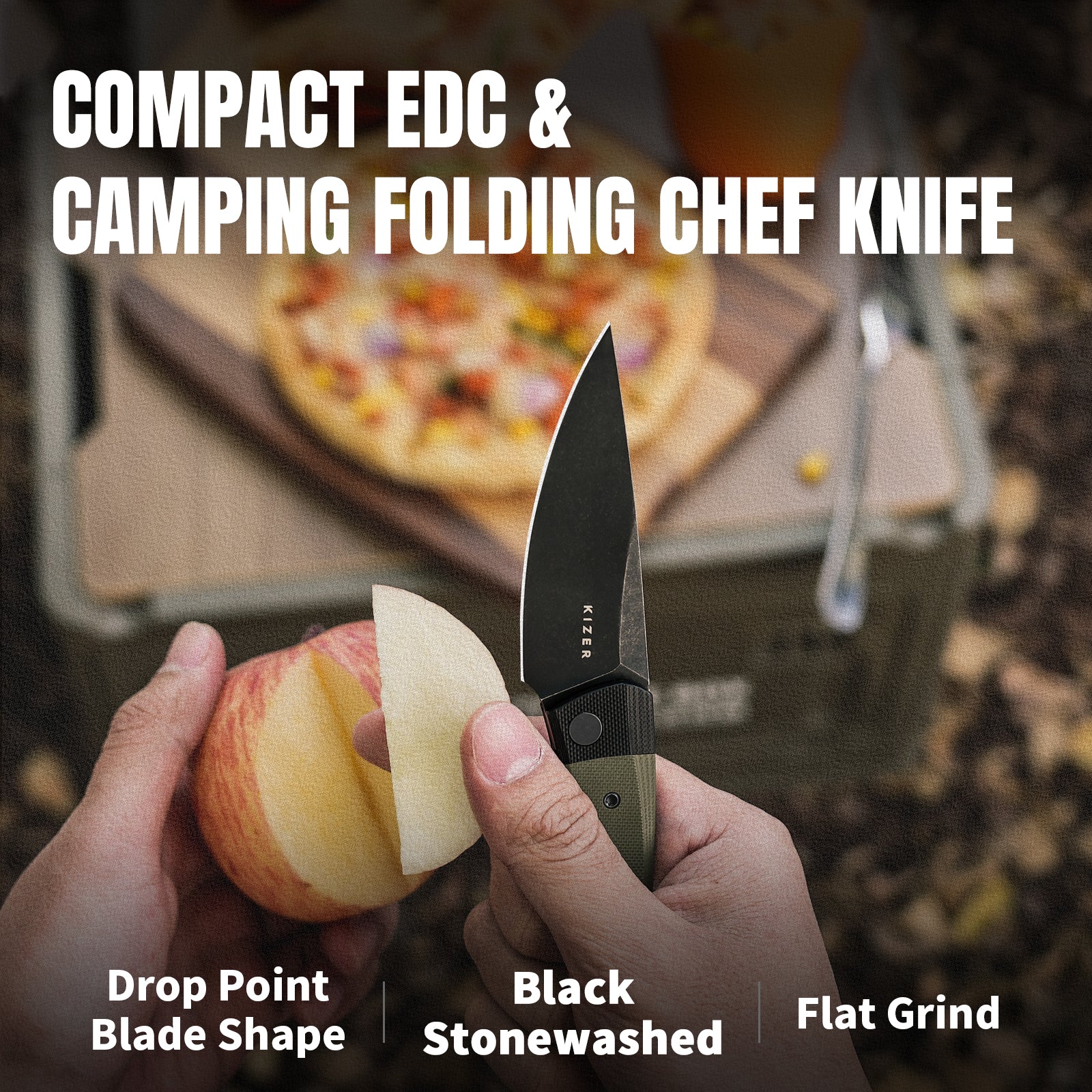 Mini Momo | D2 | Black G10+Olive Green G10 | KizerV™ 3663M2