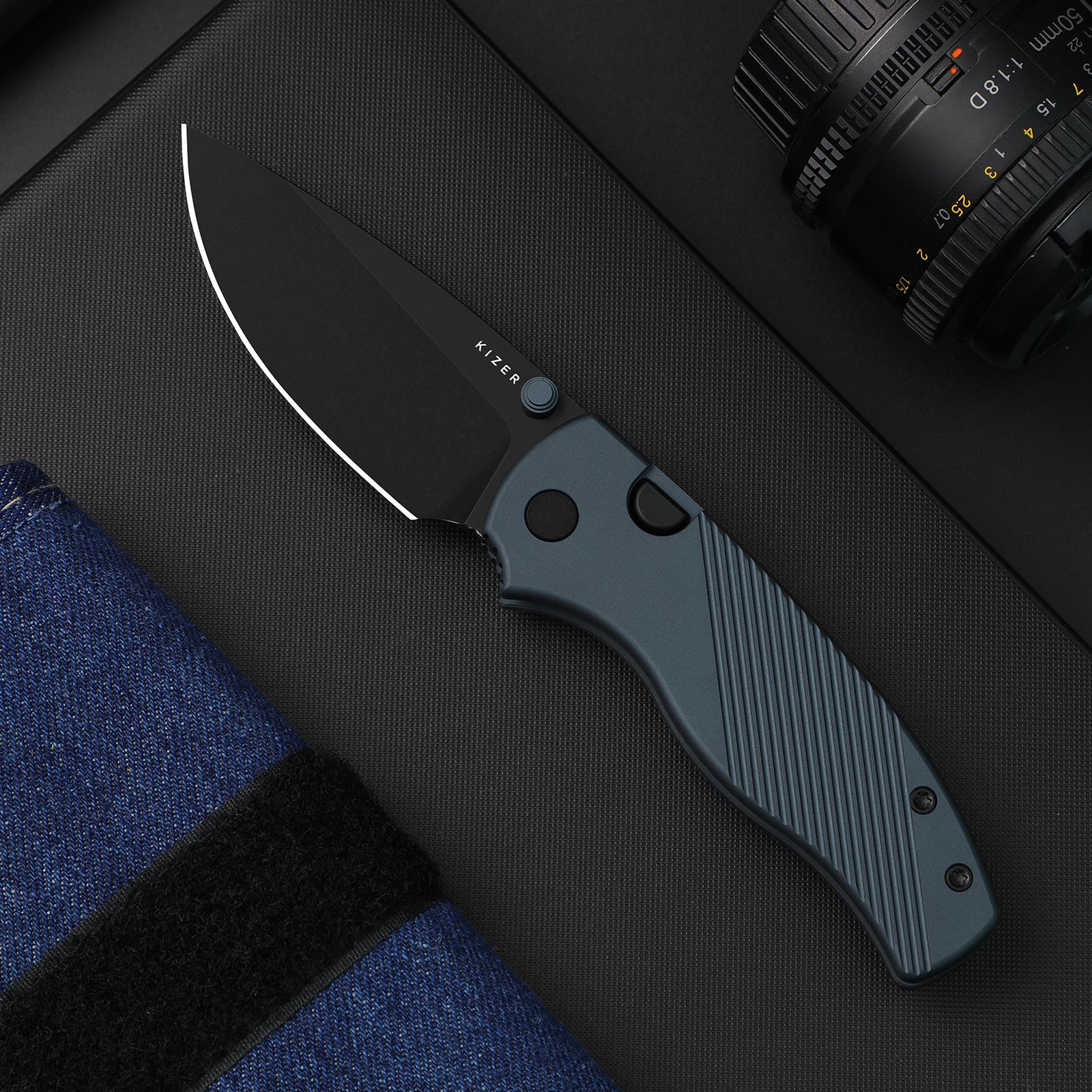 Glaux | Kizer Button Liner Lock™ | Vortex Pattern Micarta | Gray PVD Coating & Stonewashed | KizerV™ 3801A2