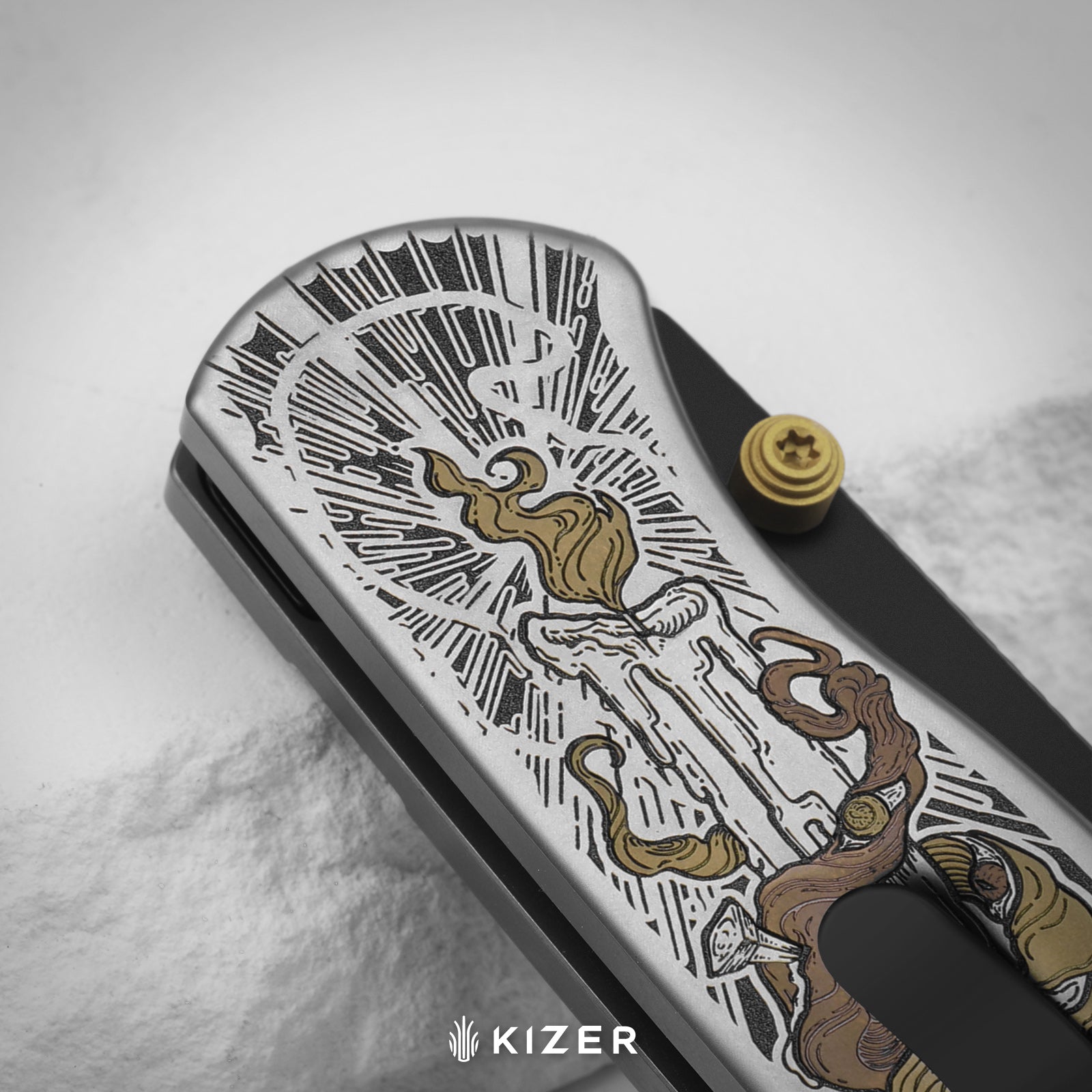 Drop Bear® Zero | Vanax | Hand-brushed | Hollow Grind | Titanium (Laser Engraved with Multi-tone Inlays) | Kizer Button Liner Lock™ | KizerX™ 3619BDLA1