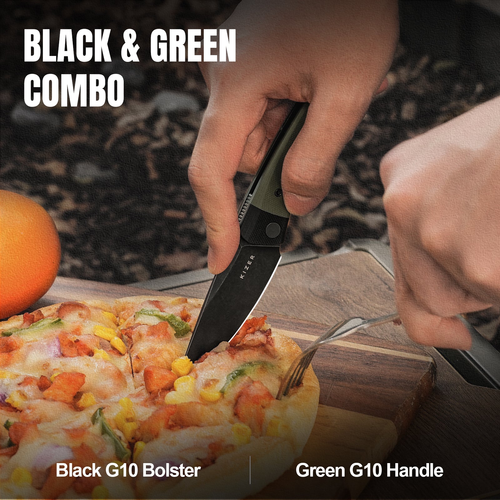 Mini Momo | D2 | Black G10+Olive Green G10 | KizerV™ 3663M2