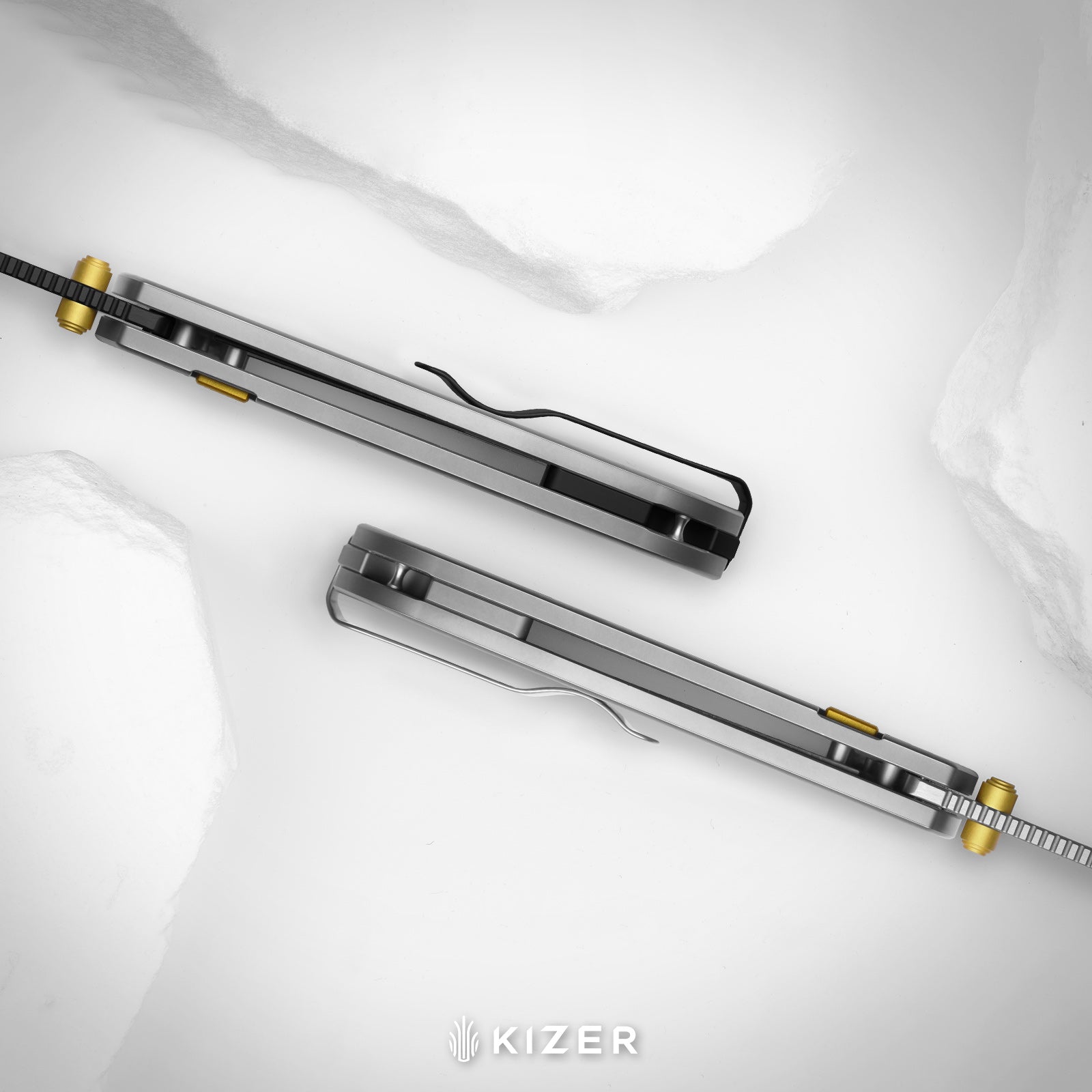 Drop Bear® Zero | Vanax | Hand-brushed | Hollow Grind | Titanium (Laser Engraved with Multi-tone Inlays) | Kizer Button Liner Lock™ | KizerX™ 3619BDLA1