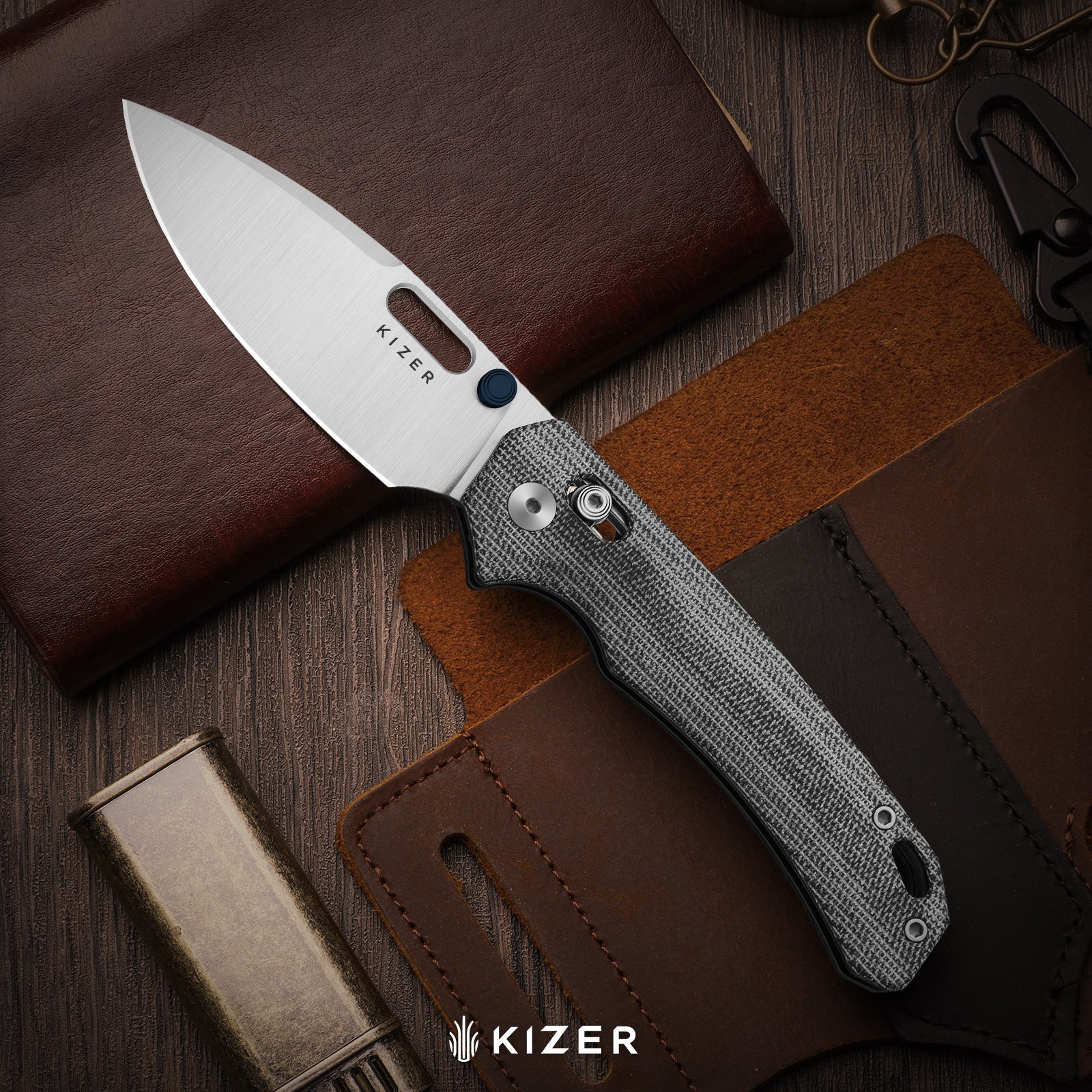 Outposter | Kizer Clutch Lock™ | Vortex Pattern Micarta | Nitro-V+PVD Coating | KizerV™ 3802CDA2