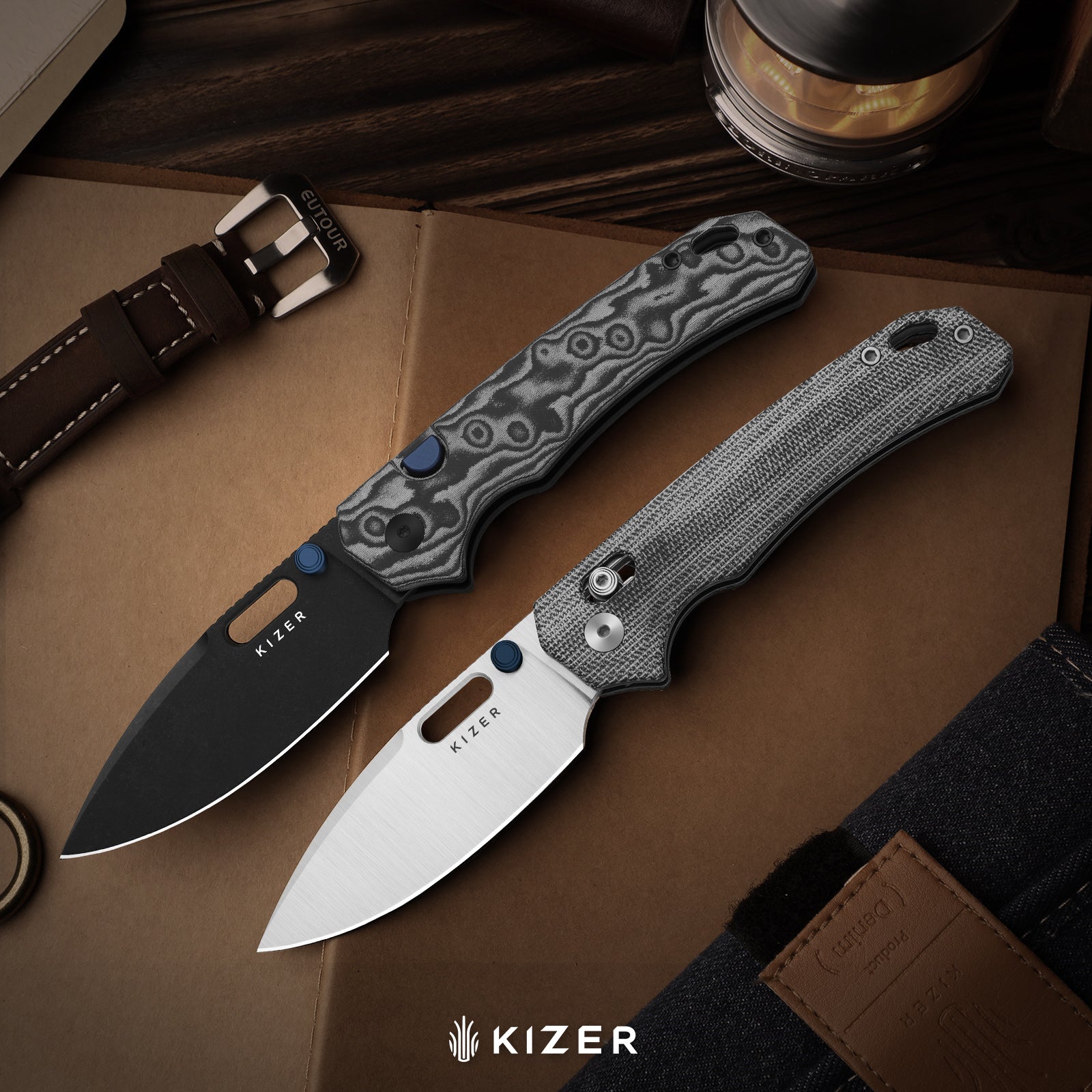 Outposter | Kizer Clutch Lock™ | Vortex Pattern Micarta | Nitro-V+PVD Coating | KizerV™ 3802CDA2