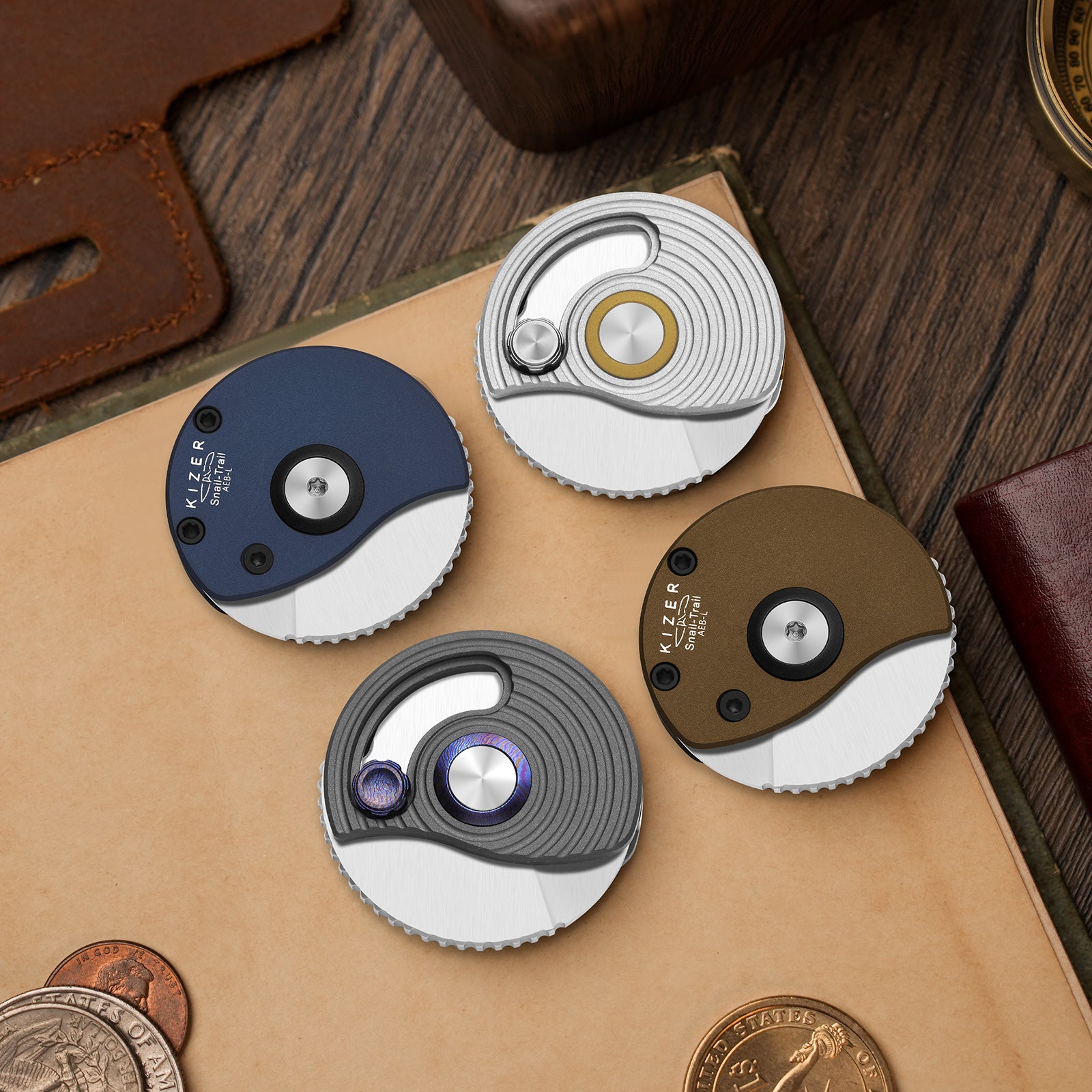 Snail-Trail | 5th Pocket Coin Knife | Detent Slip Joint | AEB-L | Matte Brass-Tone Aluminum Handle | Flat Grind | KizerV™ 2757A1