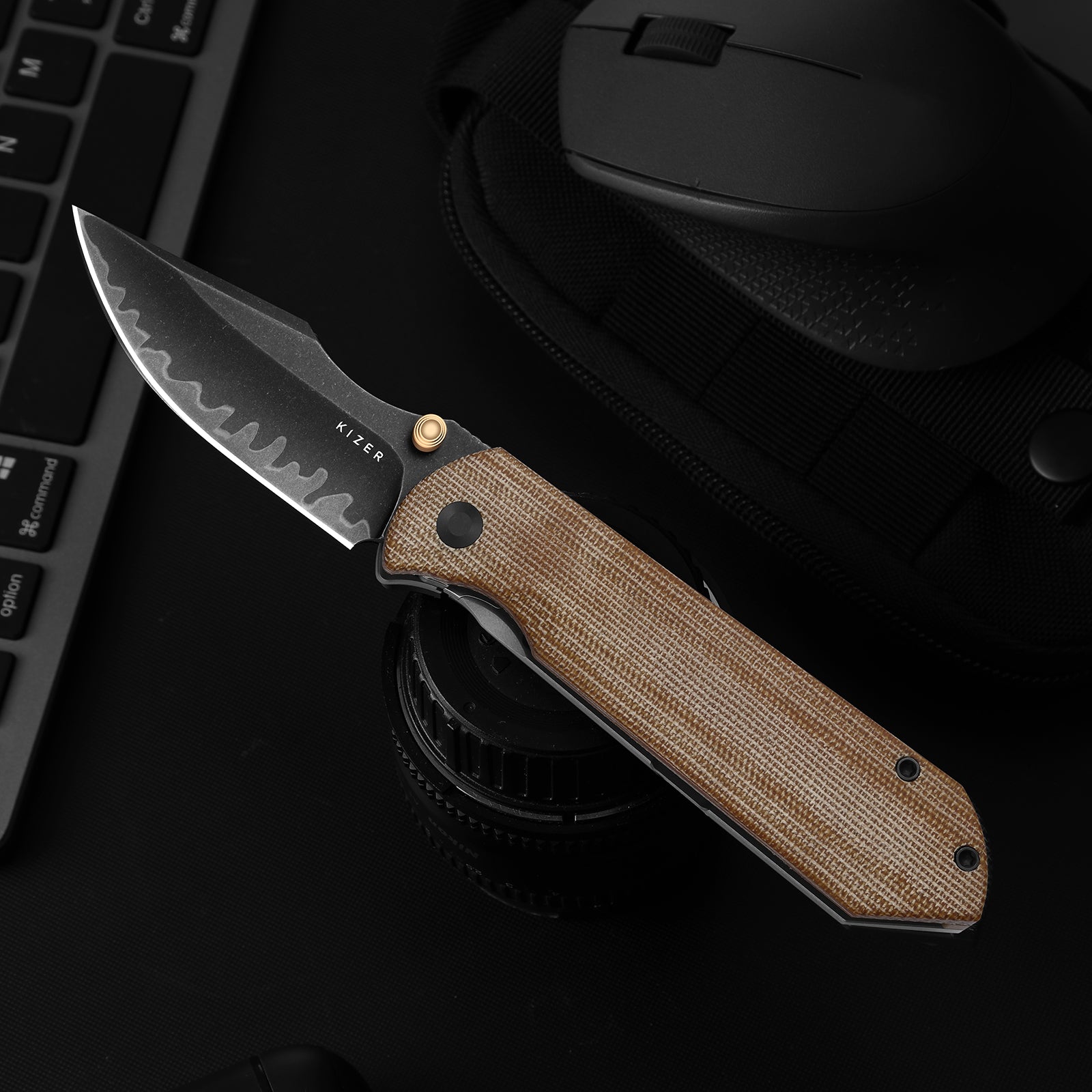 HARPOON FOLD | Elmax + Hollow Grind + Stonewashed | FRAME LOCK | Titanium | KizerB™ 4784A1