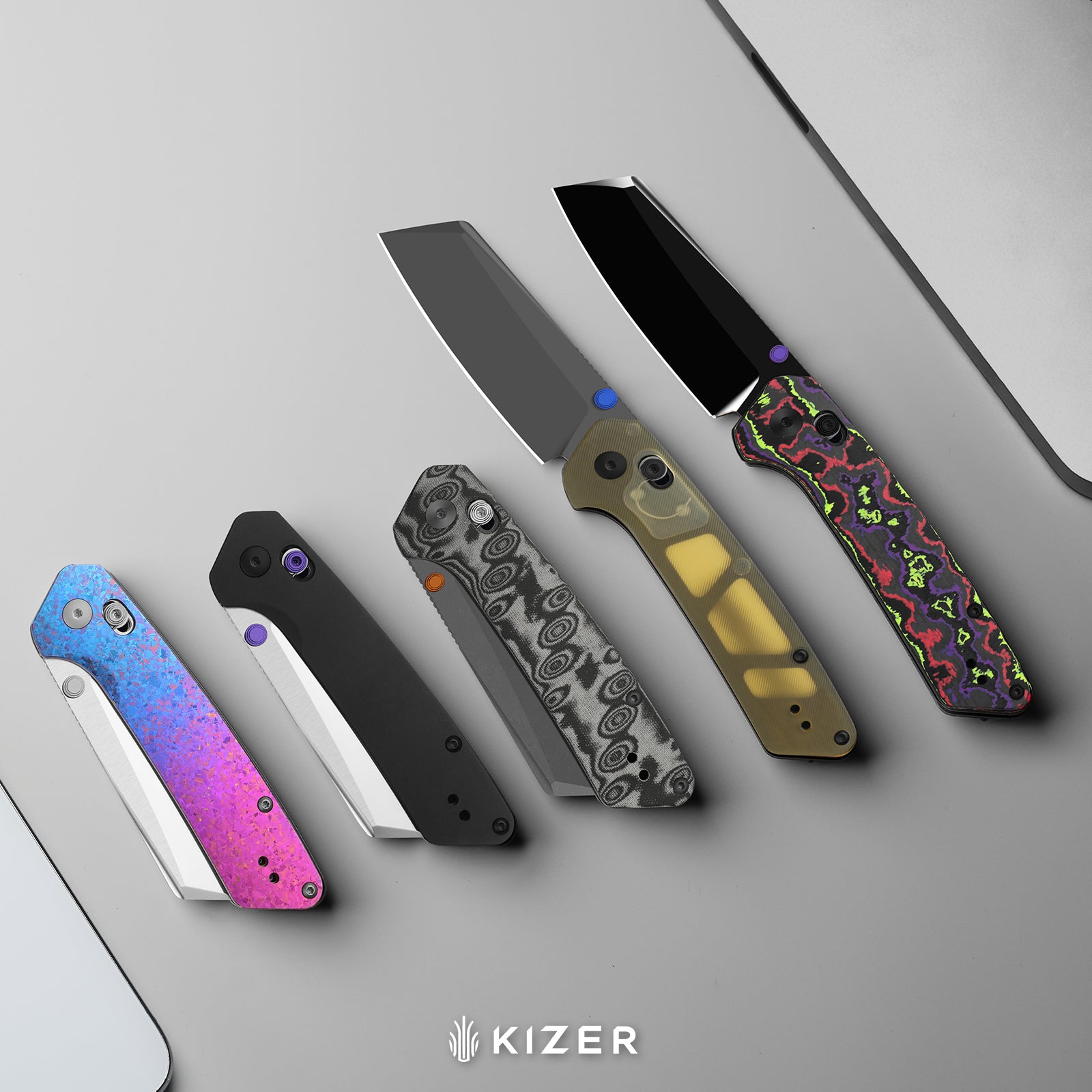 Madrac CL AirTi | Kizer Clutch Lock™ | M390 | vortex pattern micarta | Gray PVD Coating & Stonewashed | KizerB™ 3693ACS4