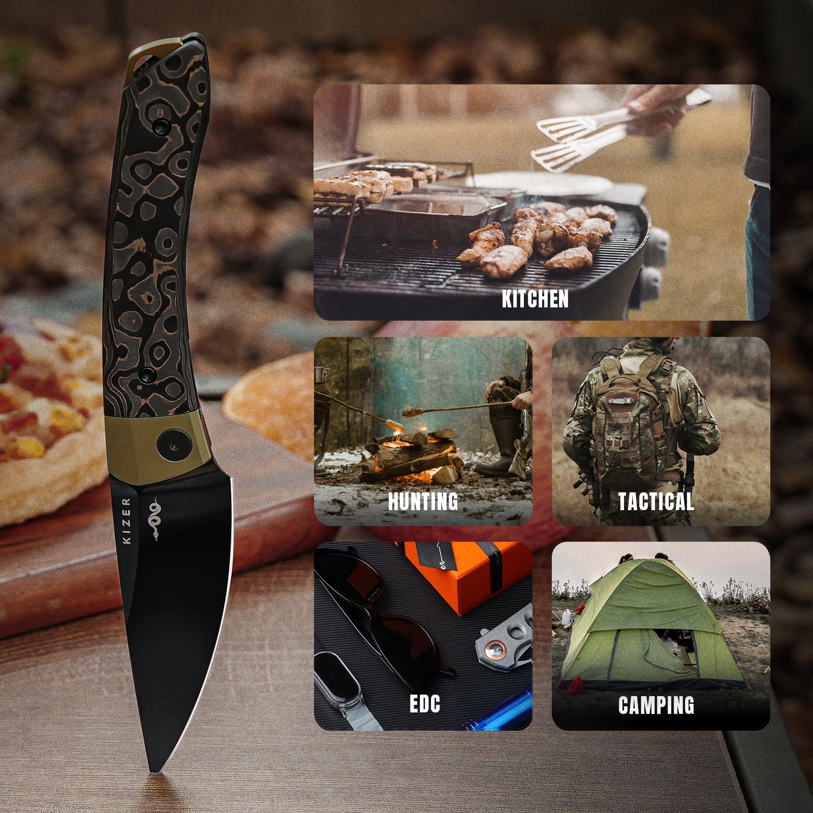 Mini MoMo | S90V | Titanium+Fat Carbon Camo Gold | KizerB™ 3663A3