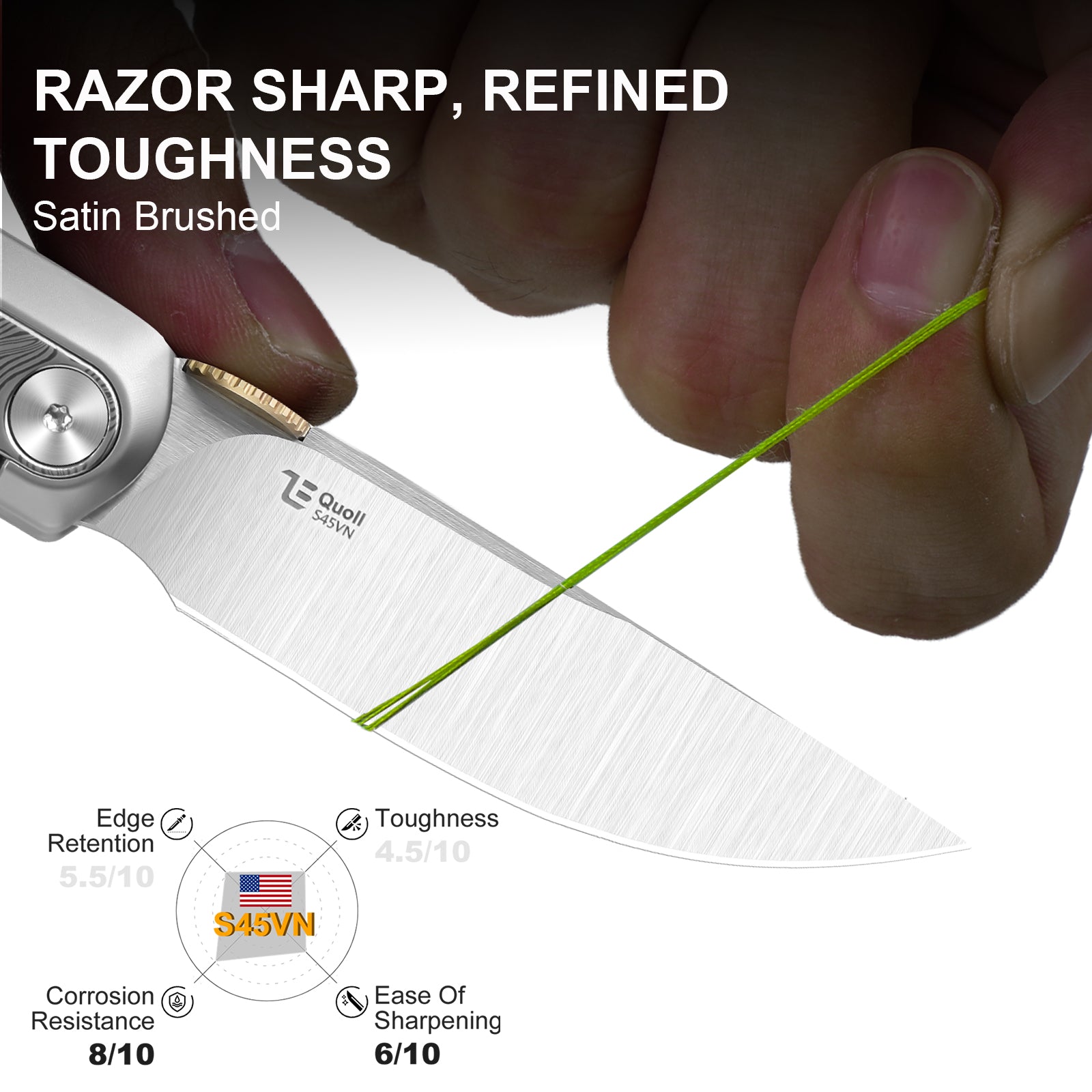 Quoll | S45VN | Titanium & Rainbow Damascus | Satin Brushed | KizerB™ 3733A1