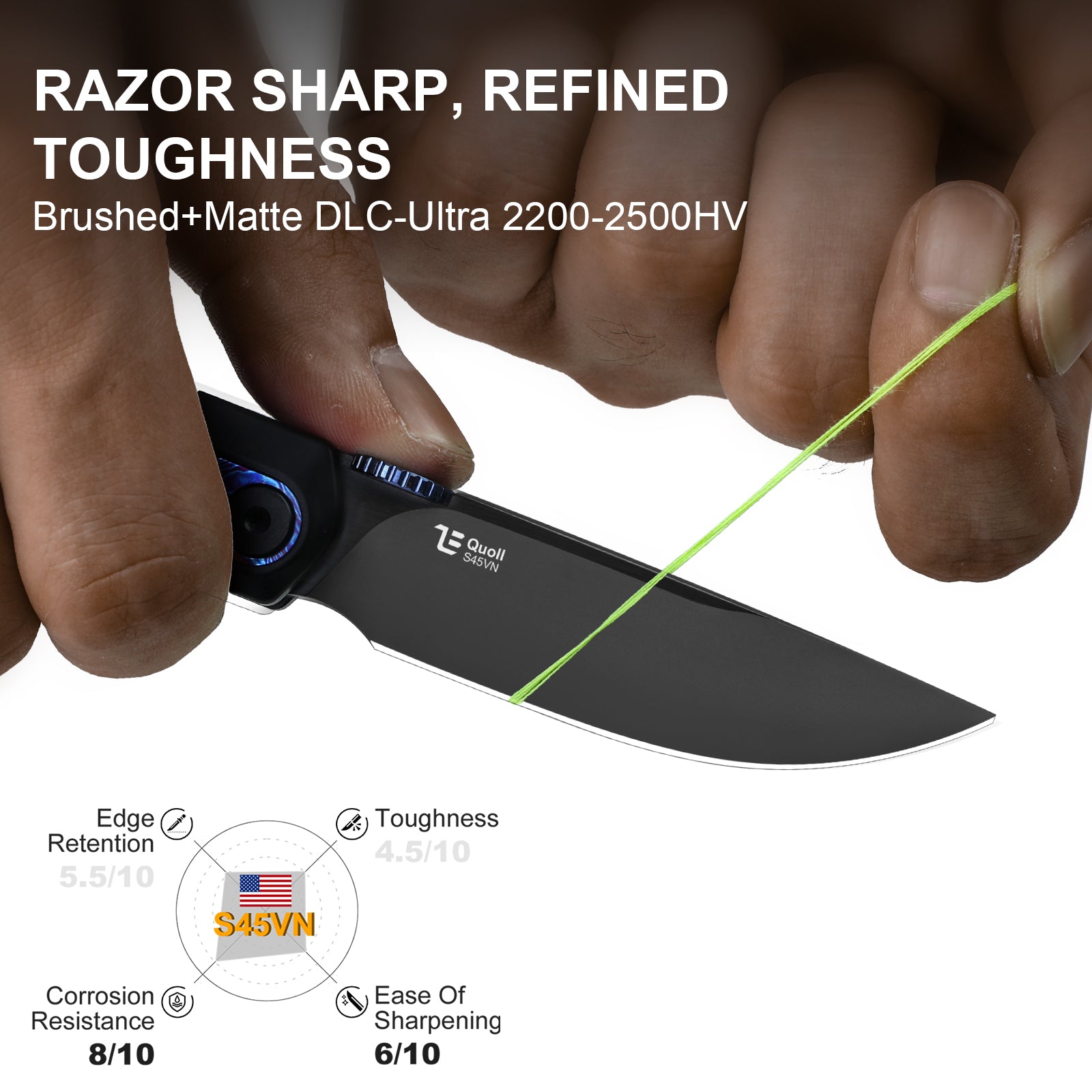 Quoll | S45VN | Titanium & Titanium Damascus | Brushed | Matte DLC-Ultra | KizerB™ 3733A3