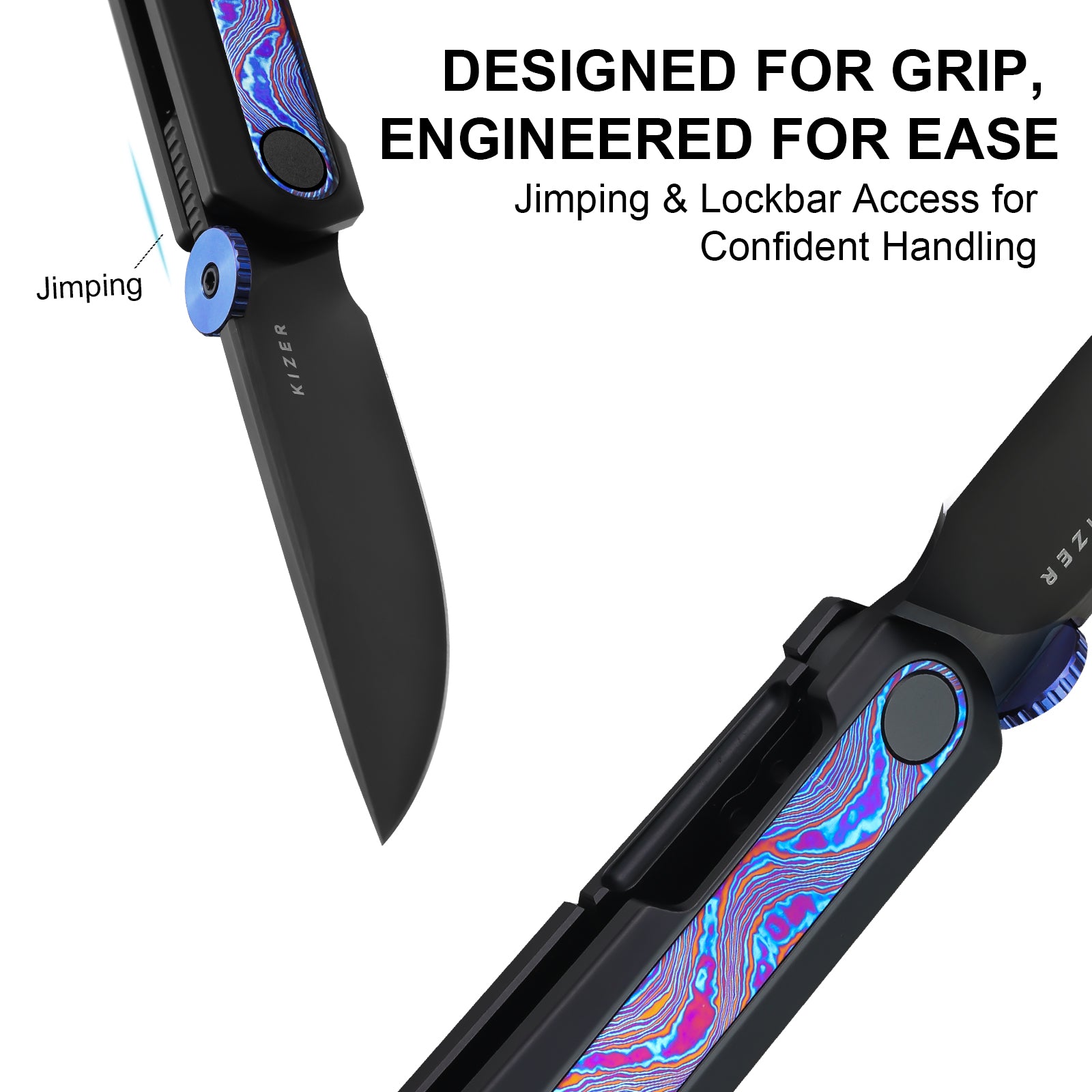 Quoll | S45VN | Titanium & Titanium Damascus | Brushed | Matte DLC-Ultra | KizerB™ 3733A3