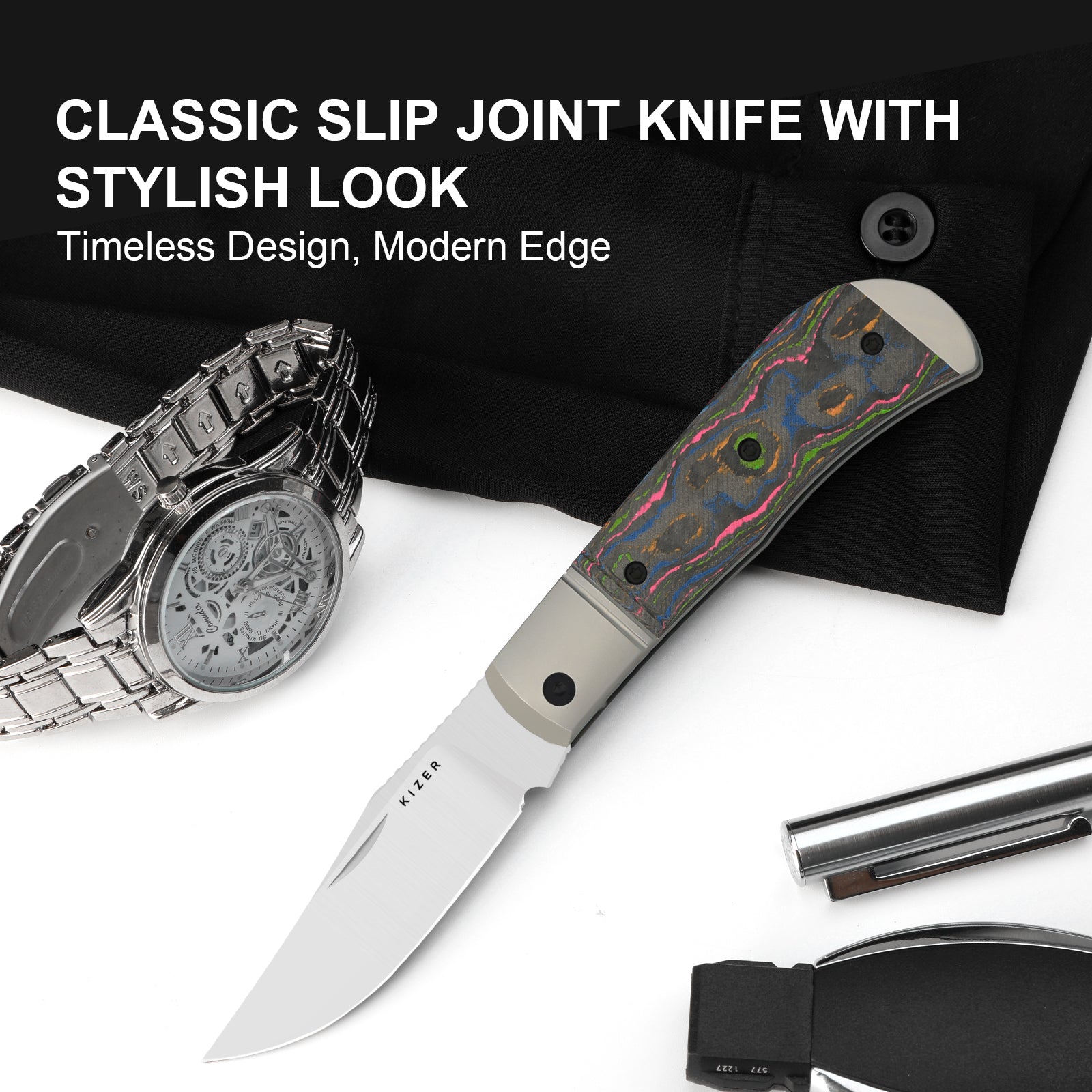 Trestle | M390 | Titanium & Camo 80s | KizerB™ 3761A2