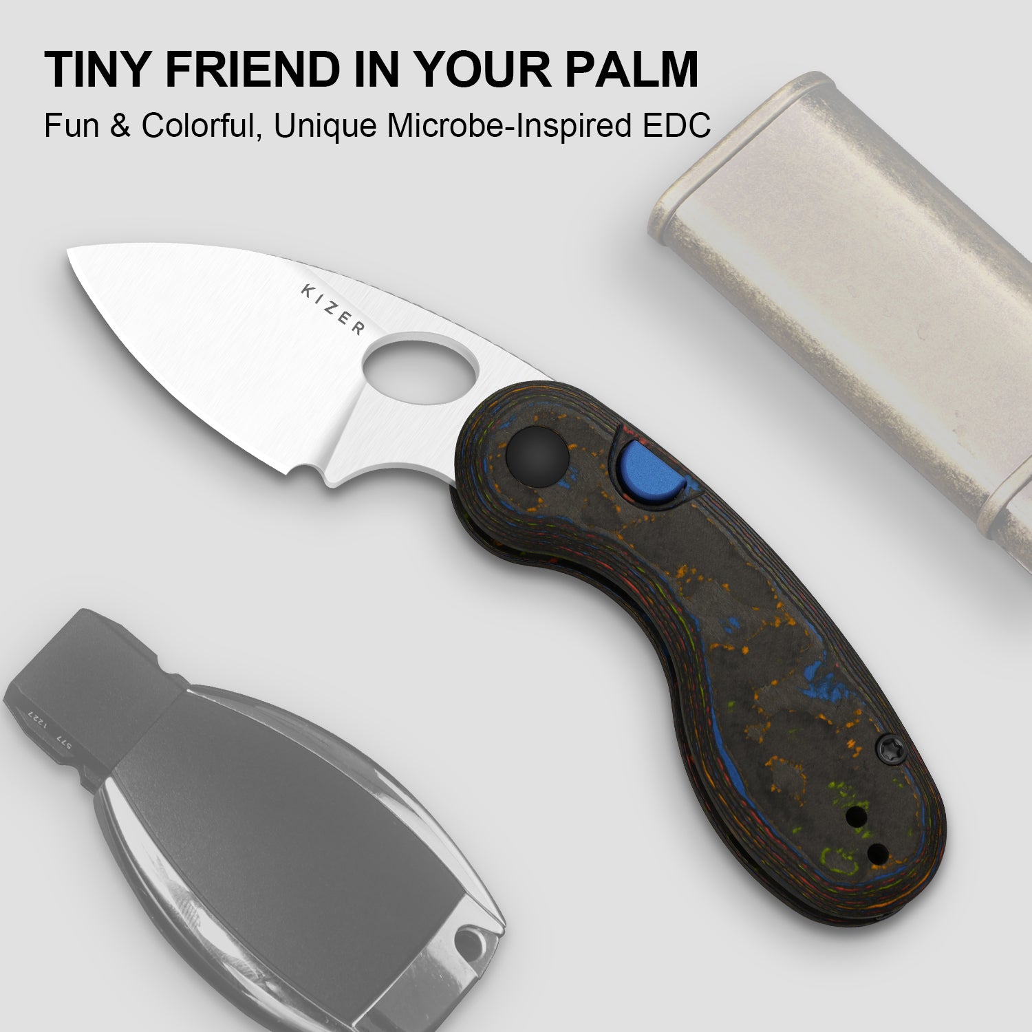 Microbe™ | Kizer Button Liner Lock™ | M390 | Camo Carbon 80's | KizerB™ 2742A1