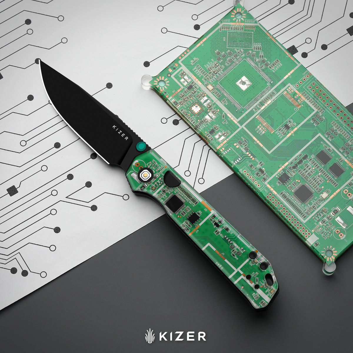 Microbe PCB | Kizer Button Liner Lock™ | CPM Rex45 | Resin & PCB | Black PVD Coating | KizerB™ 2742BDA3
