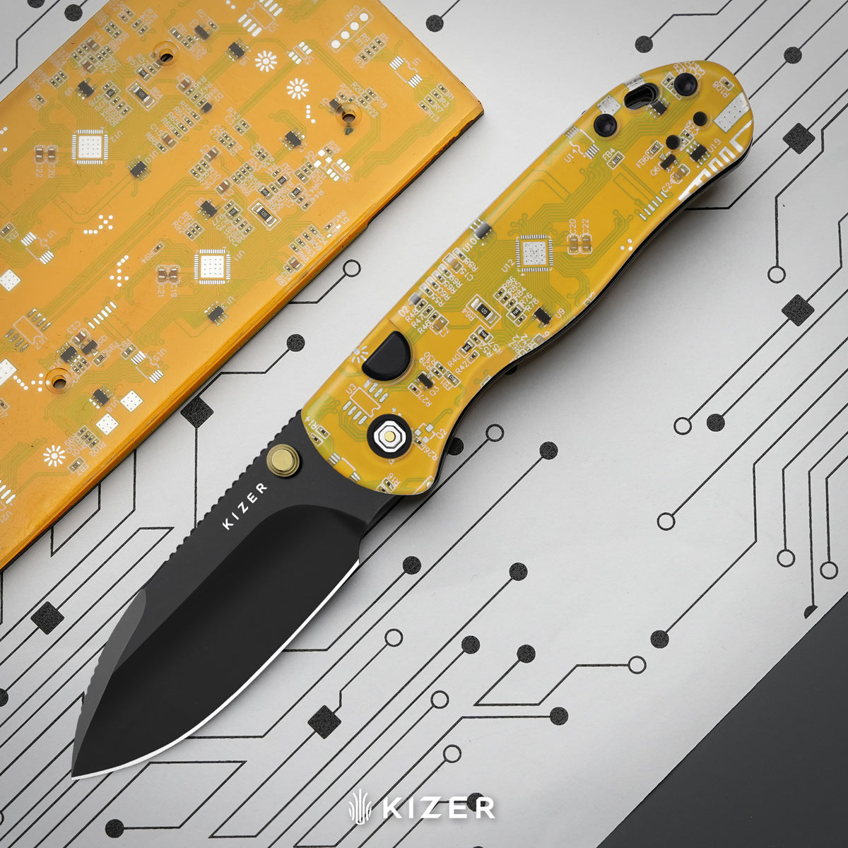Microbe PCB | Kizer Button Liner Lock™ | CPM Rex45 | Resin & PCB | Black PVD Coating | KizerB™ 2742BDA3