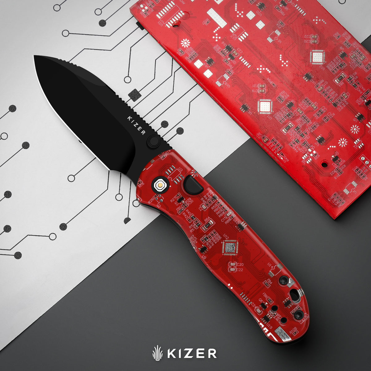 Microbe PCB | Kizer Button Liner Lock™ | CPM Rex45 | Resin & PCB | Black PVD Coating | KizerB™ 2742BDA3