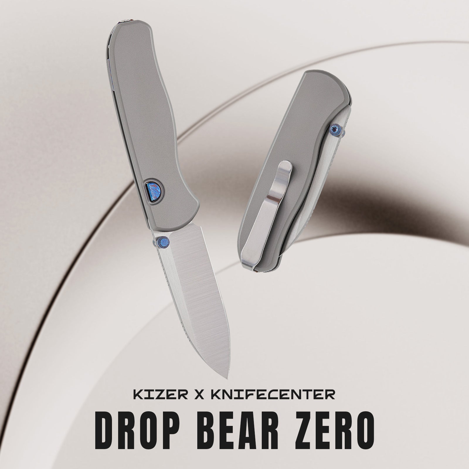 Kizer Cutlery Azo Drop Bear Zero Button Liner Lock Folding Knife 3.1" Vanax Hand Brushed Satin Ultra Drop Point Blade, Sandblasted Titanium Handles, Timascus Hardware, Reversible Bayonet Clip - KnifeCenter Exclusive - Ki3619BDE4