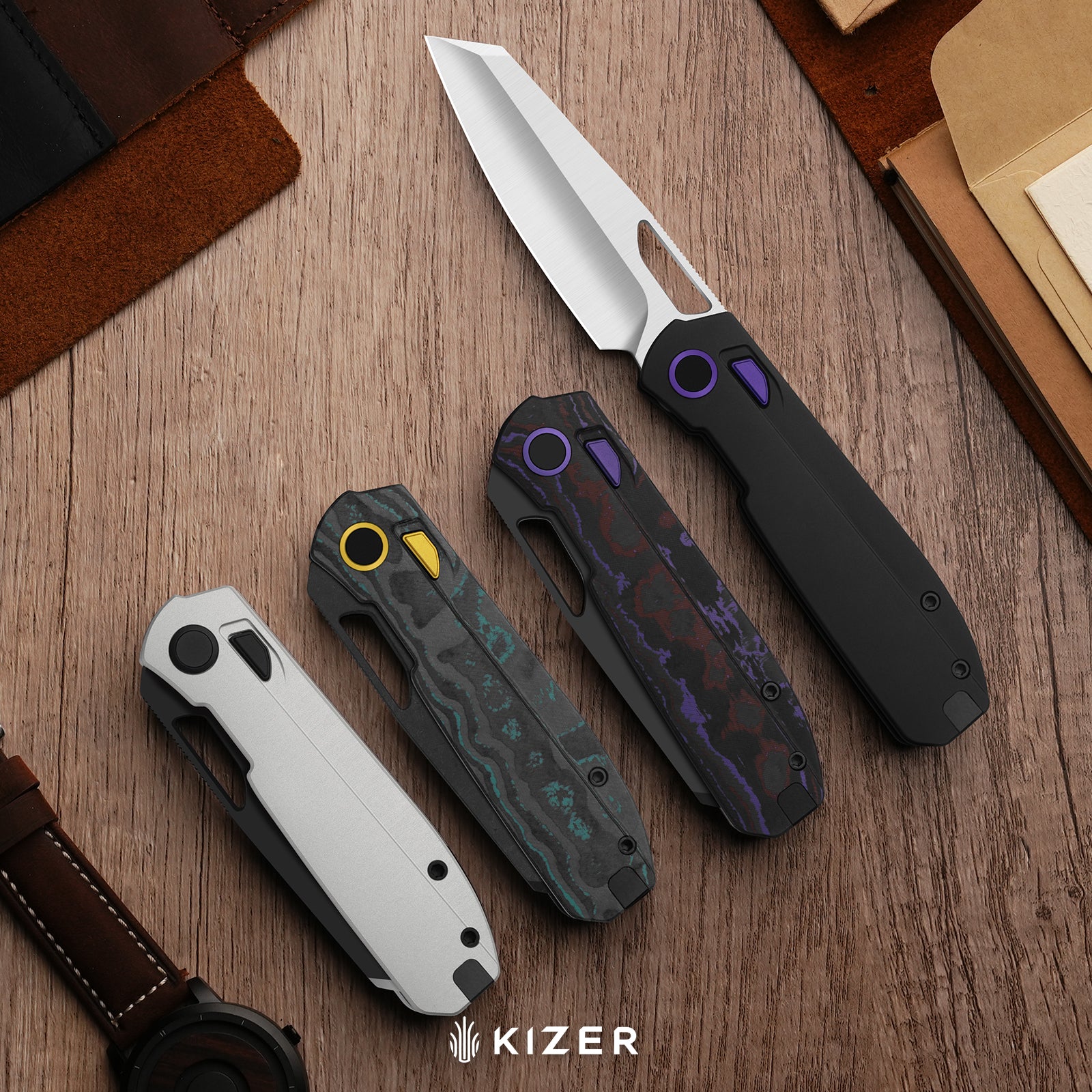 Mash | Kizer Button Liner Lock™ | M390 + PVD Coating & Stonewashed + Hollow Grind | CamoCarbon Shipwreck | KizerB™ 3699BSA3