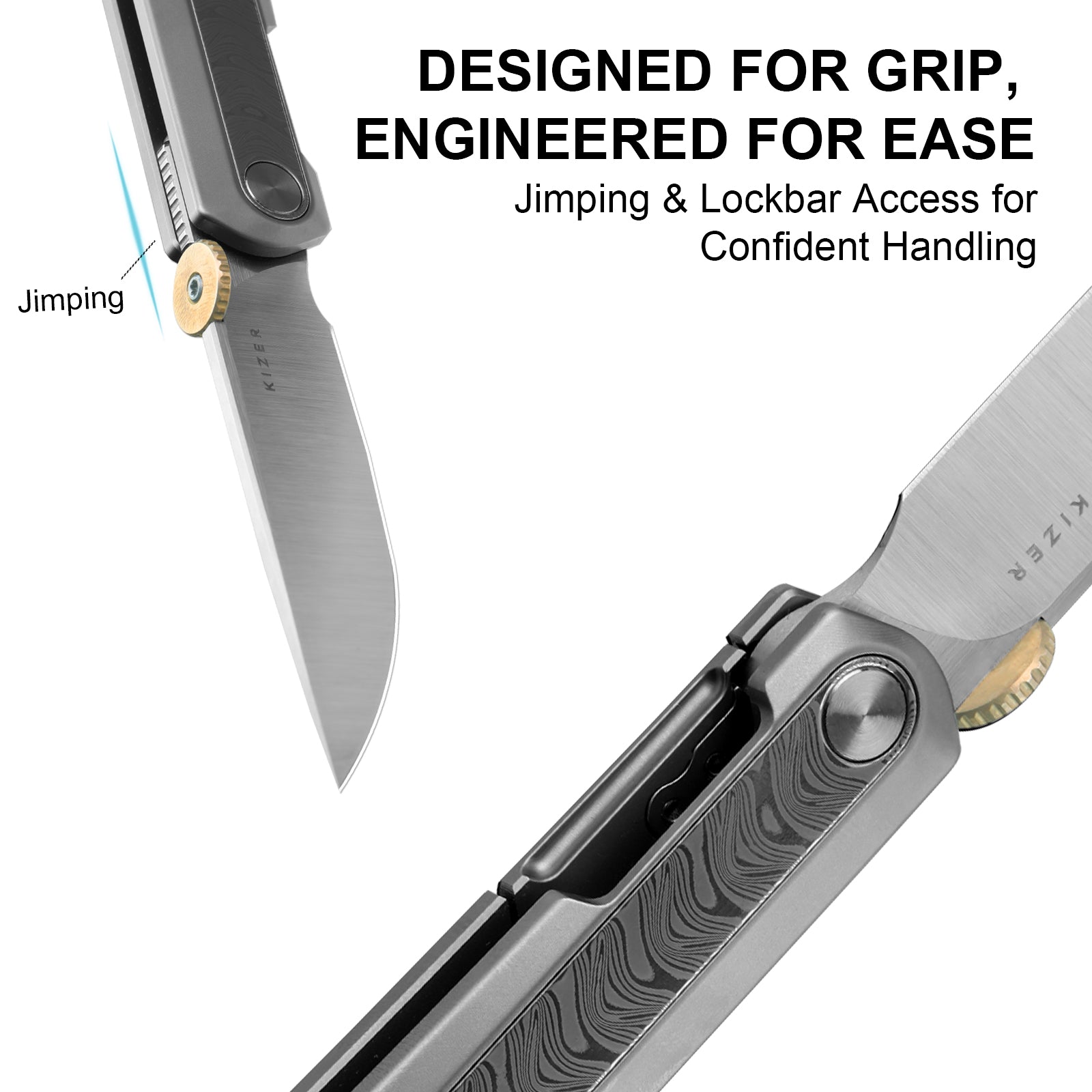 Quoll | S45VN | Titanium & Rainbow Damascus | Satin Brushed | KizerB™ 3733A1