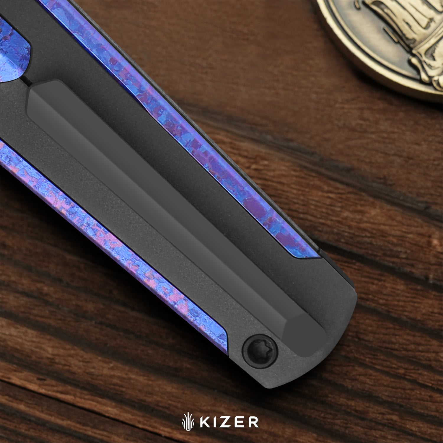 Staff | Frame Lock | Damascus | Titanium & Crystallized Titanium | Acid-Washed Finish | KizerB™ 3795A1