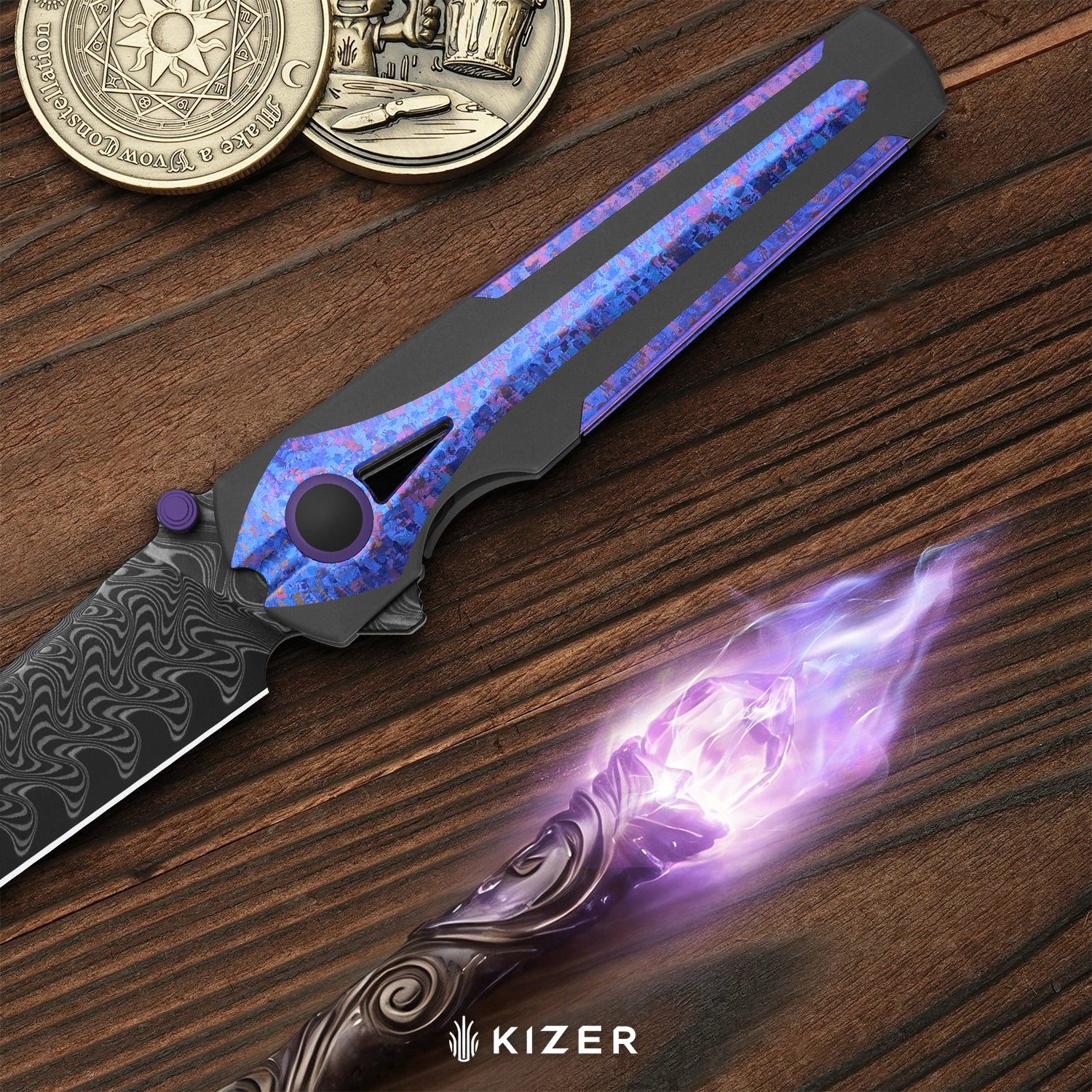 Staff | Frame Lock | Damascus | Titanium & Crystallized Titanium | Acid-Washed Finish | KizerB™ 3795A1