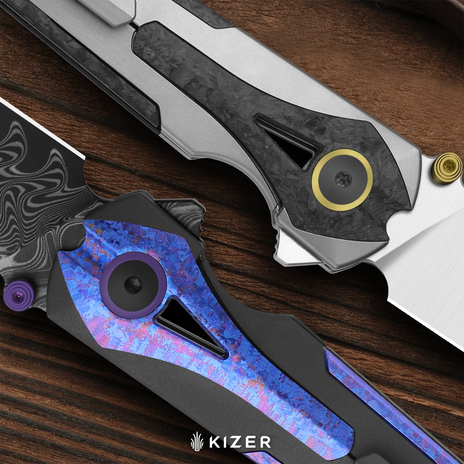 Staff | Frame Lock | Damascus | Titanium & Crystallized Titanium | Acid-Washed Finish | KizerB™ 3795A1