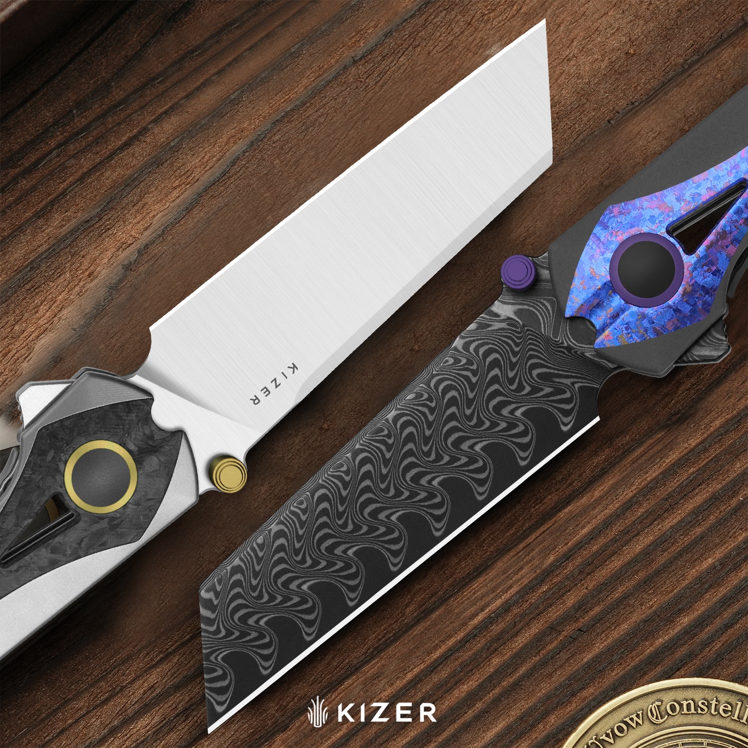 Staff | Frame Lock | Damascus | Titanium & Crystallized Titanium | Acid-Washed Finish | KizerB™ 3795A1