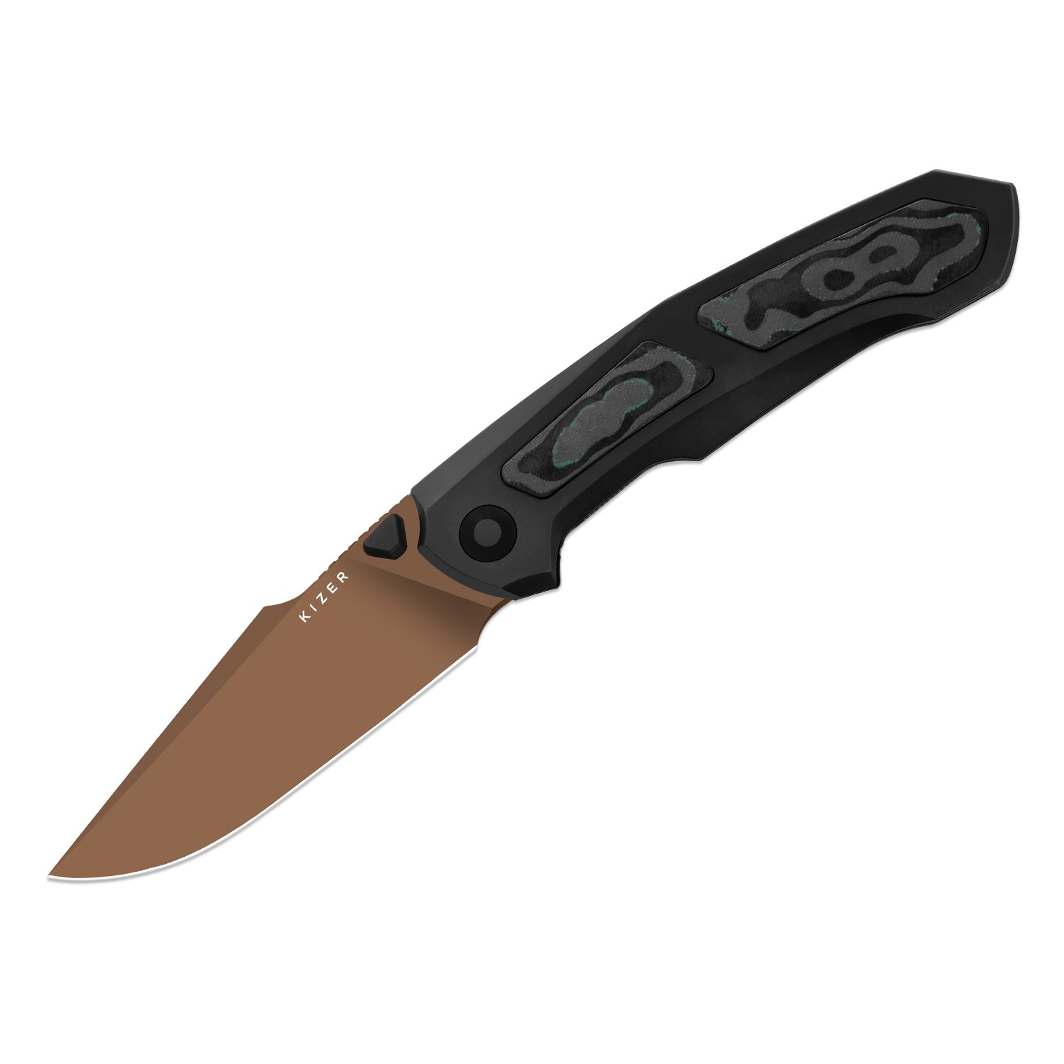 Feweed XL | S90V | Harpoon Blade | Titanium & Camo Carbon Shipwreck|KizerB™ 4694A3