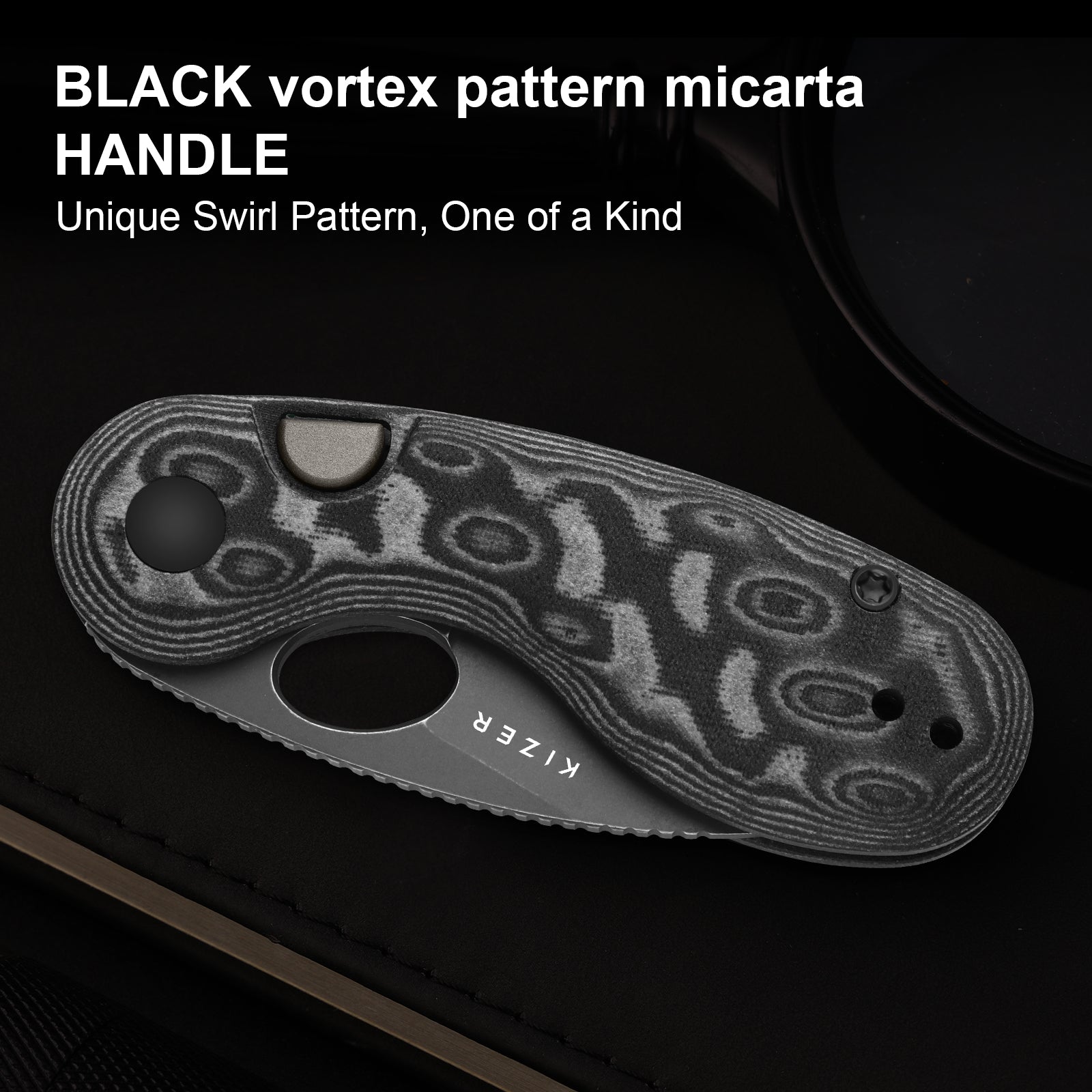 Microbe™ | Kizer Button Liner Lock™ | Micarta With Vortex Pattern | 14C28N | KizerV™ 2742A5