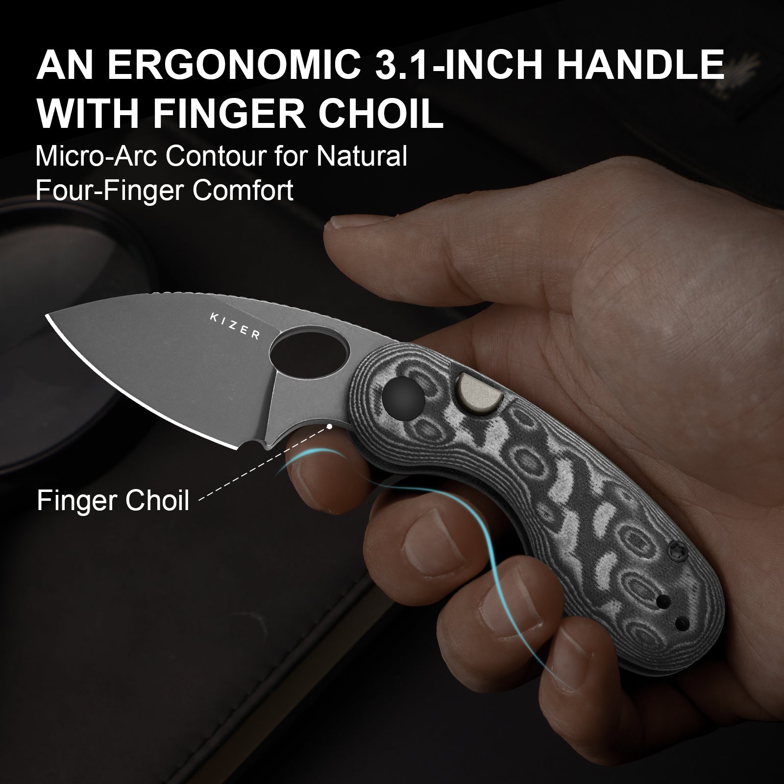 Microbe™ | Kizer Button Liner Lock™ | Micarta With Vortex Pattern | 14C28N | KizerV™ 2742A5