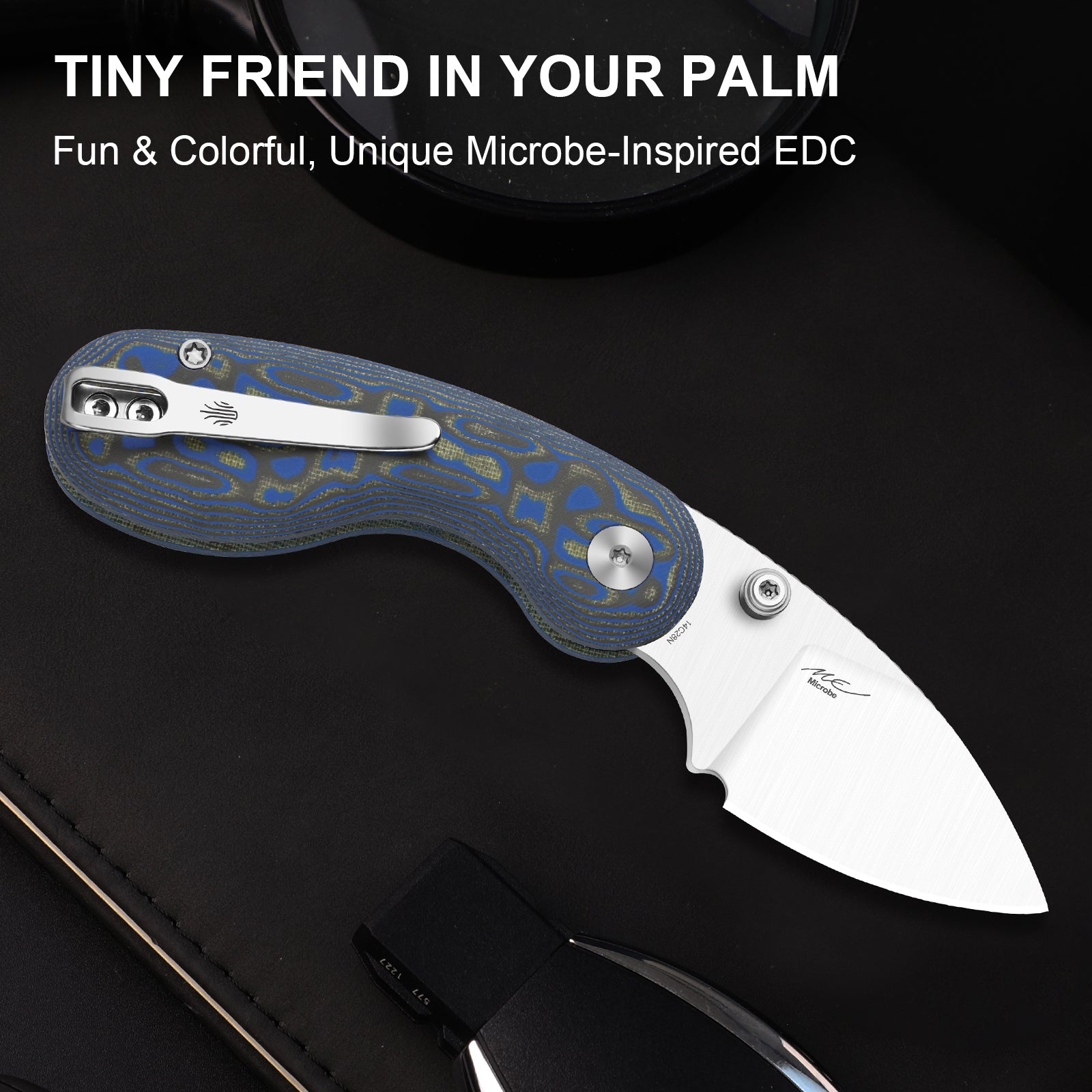 Microbe™ | Kizer Button Liner Lock™ | Micarta With Vortex Pattern | 14C28N | KizerV™ 2742A6