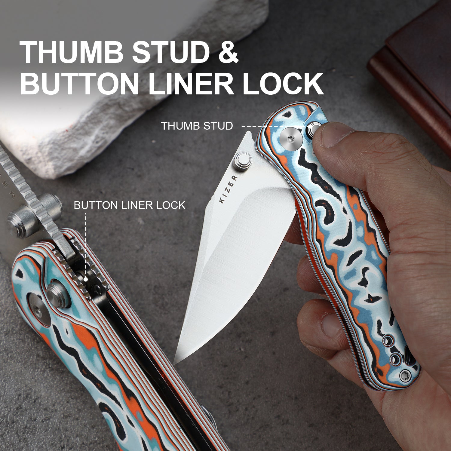 Drop Bear® 2 | Kizer Button Liner Lock™ | AEB-L | Micarta With Vortex Pattern | KizerV™ 3619.2PR2