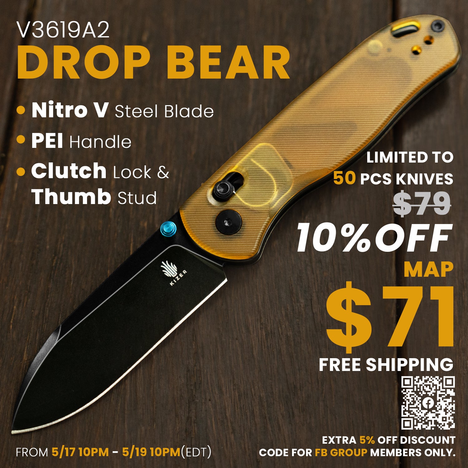 Drop Bear 2.97 inch Nitro V Blade PEI Handle V3619A2-Kizer