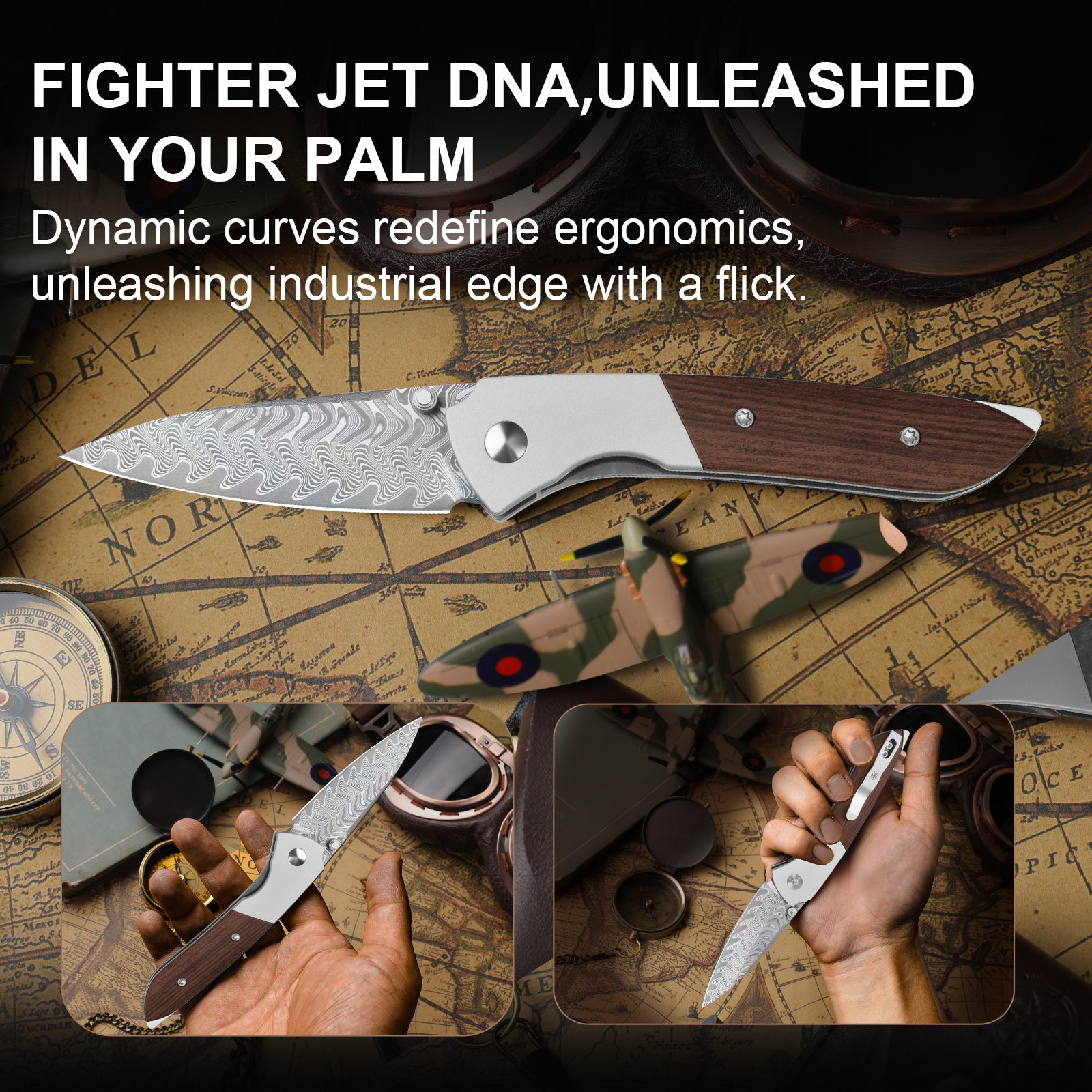 Spitfire | Vibrant Acid-Washed Finish | Damascus Steel | Aluminum & Mkuruti Wood | V3690A4