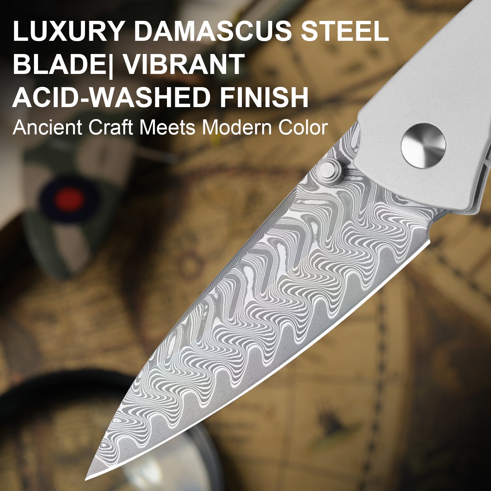 Spitfire | Vibrant Acid-Washed Finish | Damascus Steel | Aluminum & Mkuruti Wood | KizerV™ 3690A4