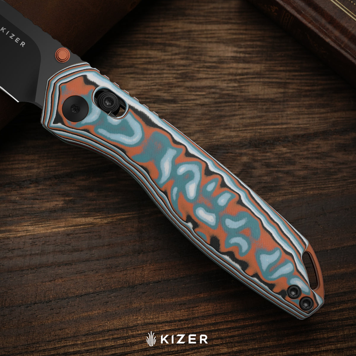 Findo | Clip Point | Kizer Clutch Lock™ | AEB-L + Black PVD Coating | vortex pattern micarta | KizerV™ 3743CC1
