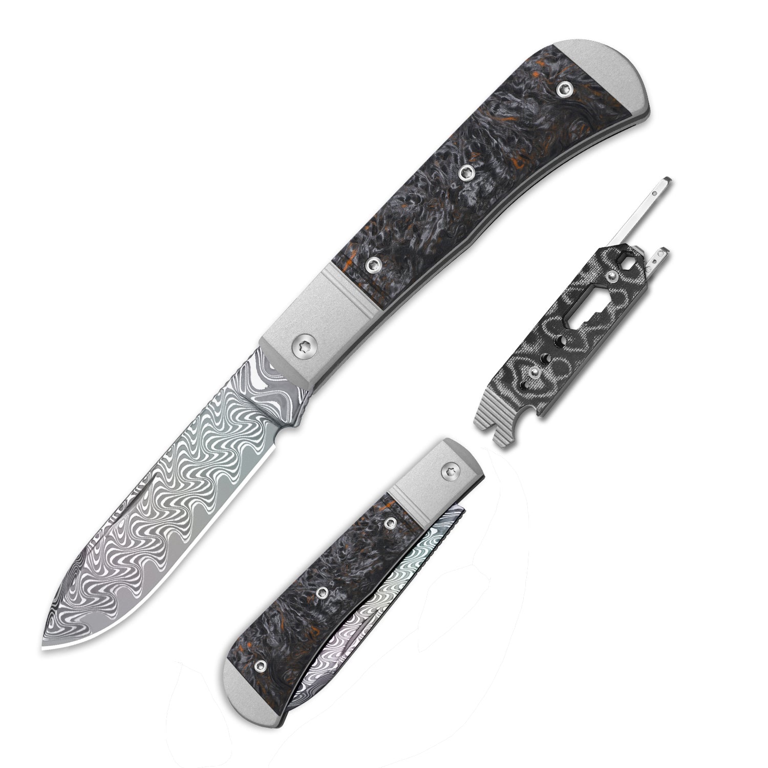 Trestle D With Pac-Bar | Rainbow Damascus | Aluminum & Fat Carbon | Slip Joint | KizerV™ 3760A6