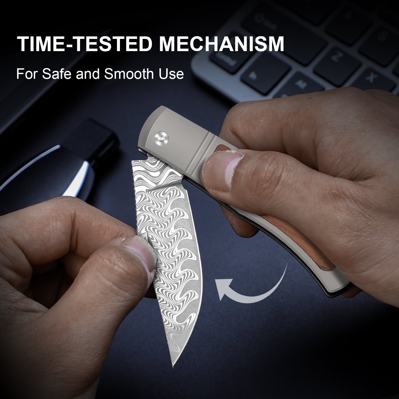 Trestle | Damascus | Titanium & Mkuruti Wood | KizerV™ 3761A2