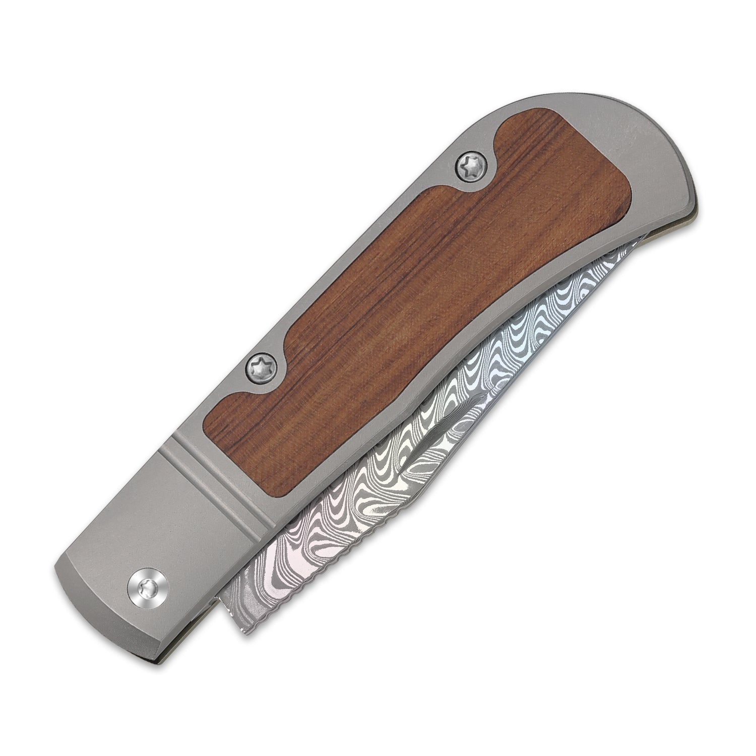 Trestle | Rainbow Damascus | Acid-washed | Titanium & Mkuruti Wood | V3761A3